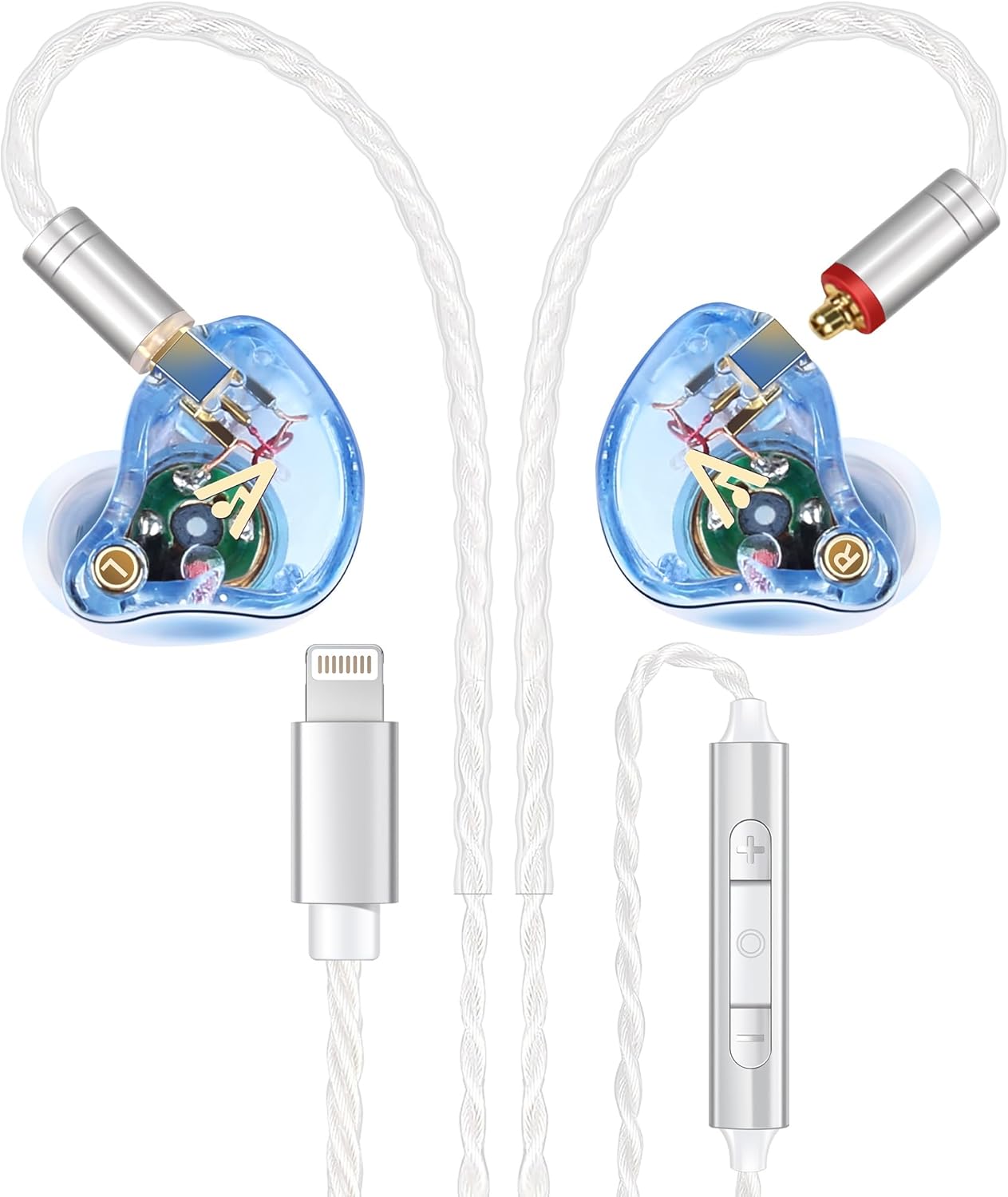 Vibes 202ML Wired Earbuds - HiFi in Ear Headphones for iPhone 5–14, Noise-Isolating Ear Buds w/ Mic - Clear Sound, Deep Bass, Comfort-Fit Earphones - MMCX–Lightning, Silver Plated Cord, Carrying Case