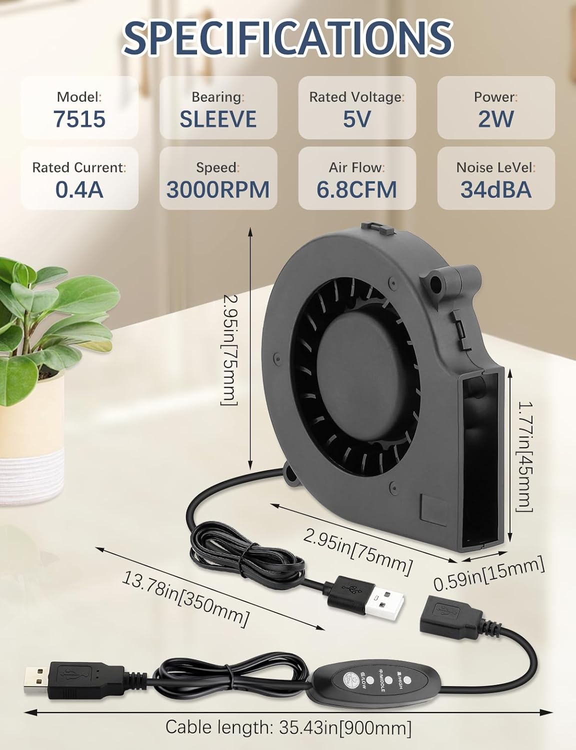 75mm x 15mm USB Cooling Blower Fan 5V DC Brushless Small Computer Case Fan for Cooling 3D Printer Helmet Hard Drive CPU PC Electronics Cabinet*