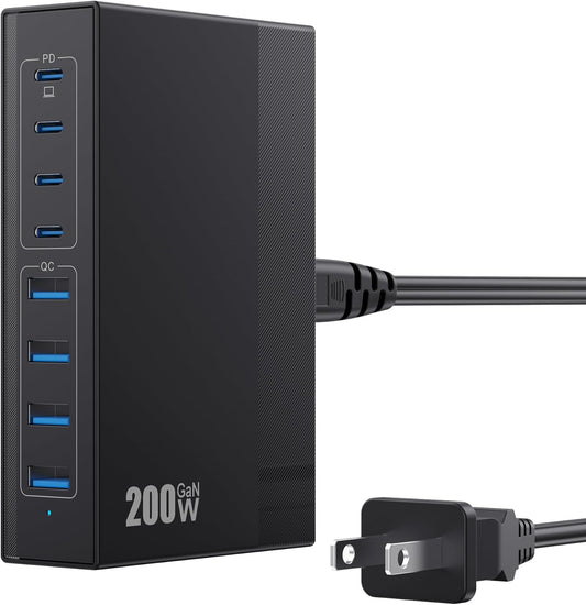 200W USB C Charger Block, 8-in-1 GaN III USB C Charger Fast Charging Station Hub, PD 65W Laptop Charger Adapter Travel Charger, for MacBook Pro/Air/Dell XPS/iPhone 16/15/14/iPad/Galaxy S24 etc.