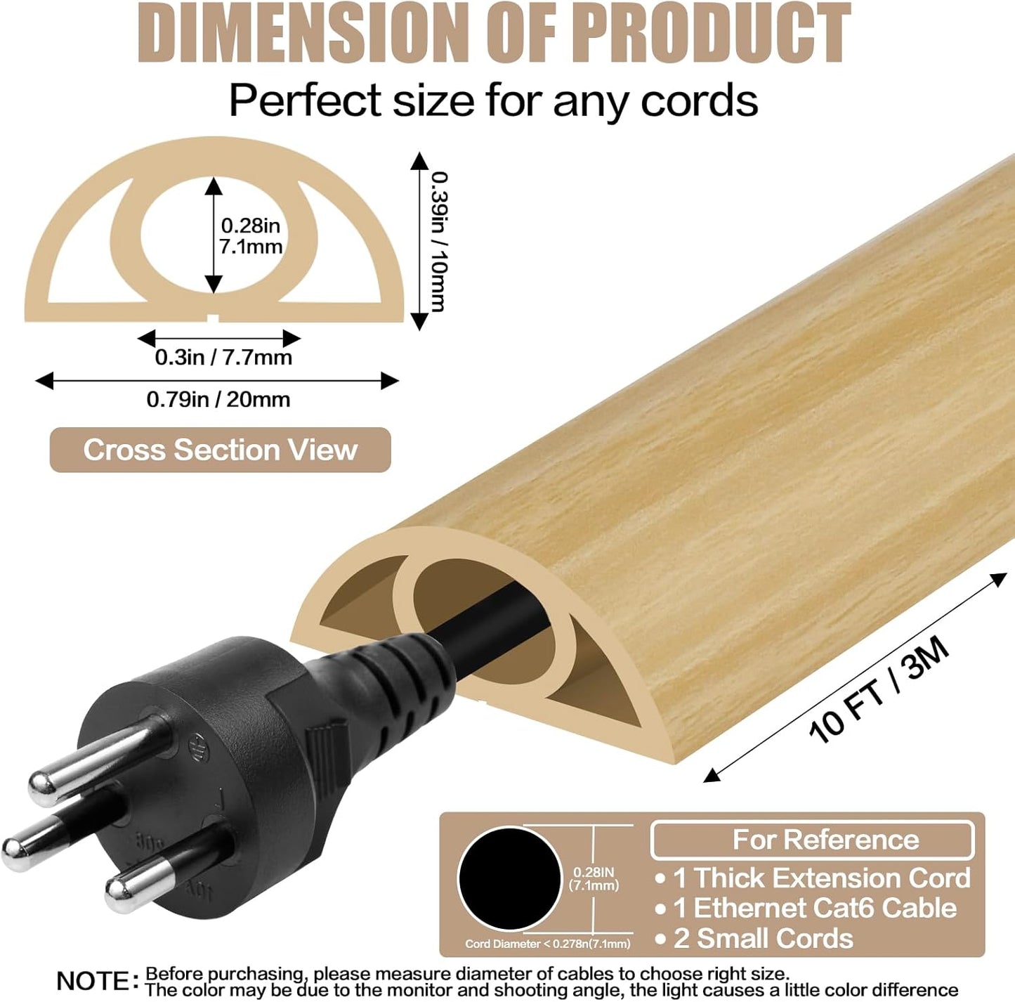 Floor Cord Cover Self Adhesive Cord Hider,10FT Cable Management, Extension Strip Protector for Wires, Prevent Cable Trips for Offices, Gyms, Exhibitions Cavity:0.3"(W) x0.28(H) WoodLightyellow