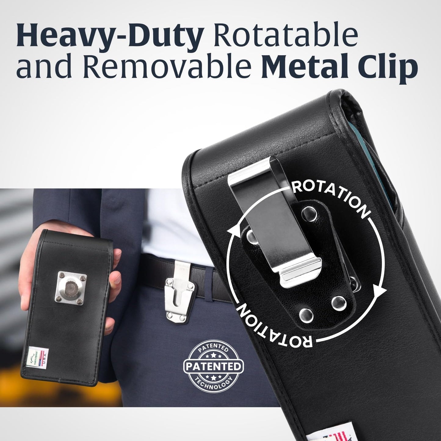 Turtleback Belt Clip for iPhone 16 Pro Max, 15 Pro Max, 14 Pro Max -Medium- Fits w/Shockproof Commuter Style Cases, Premium Black Leather Vertical Belt Holder, Magnetic Closure HD Rotating Clip