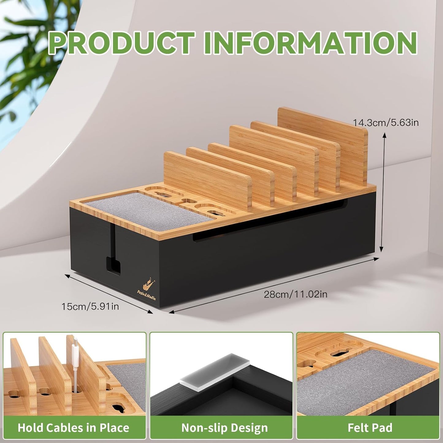 Pezin & Hulin Cord Organizer Box, Surge Protector Organizer, Device Charger Station for Phones & Tablets, Wood Charging Dock -with 6 Wire Cables, BUT NO Power Supply - Natural + Black