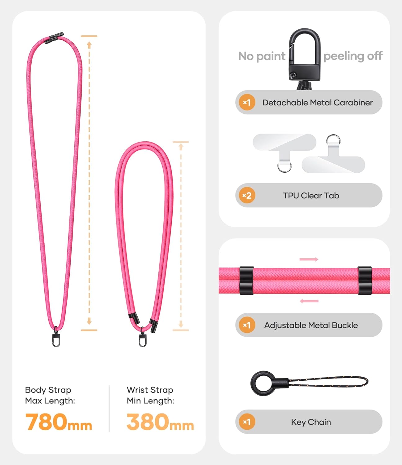 for Phone Lanyard Crossbody with 2X Phone Tabs, Sturdiness Comfortable Retractable Cellphone Lanyard, Secure Carabiner, Universal Neck Wrist Strap for Daily & Outdoor Activities, Pink