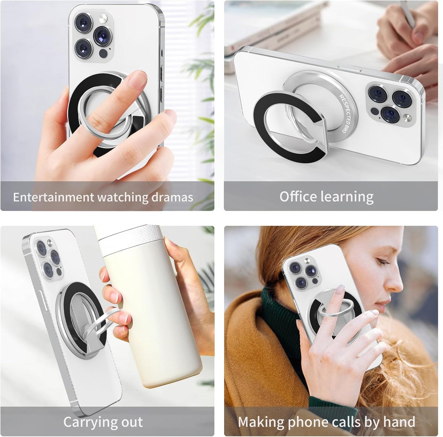 Magnetic-Phone-Ring-Holder with Dual Rings, Compatible with iPhone 16/15/14/13/12, Multifunctional Stand for Desk,Office,Gym,Kitchen & All Metal Surfaces, Finger Loop Grip (Silver)