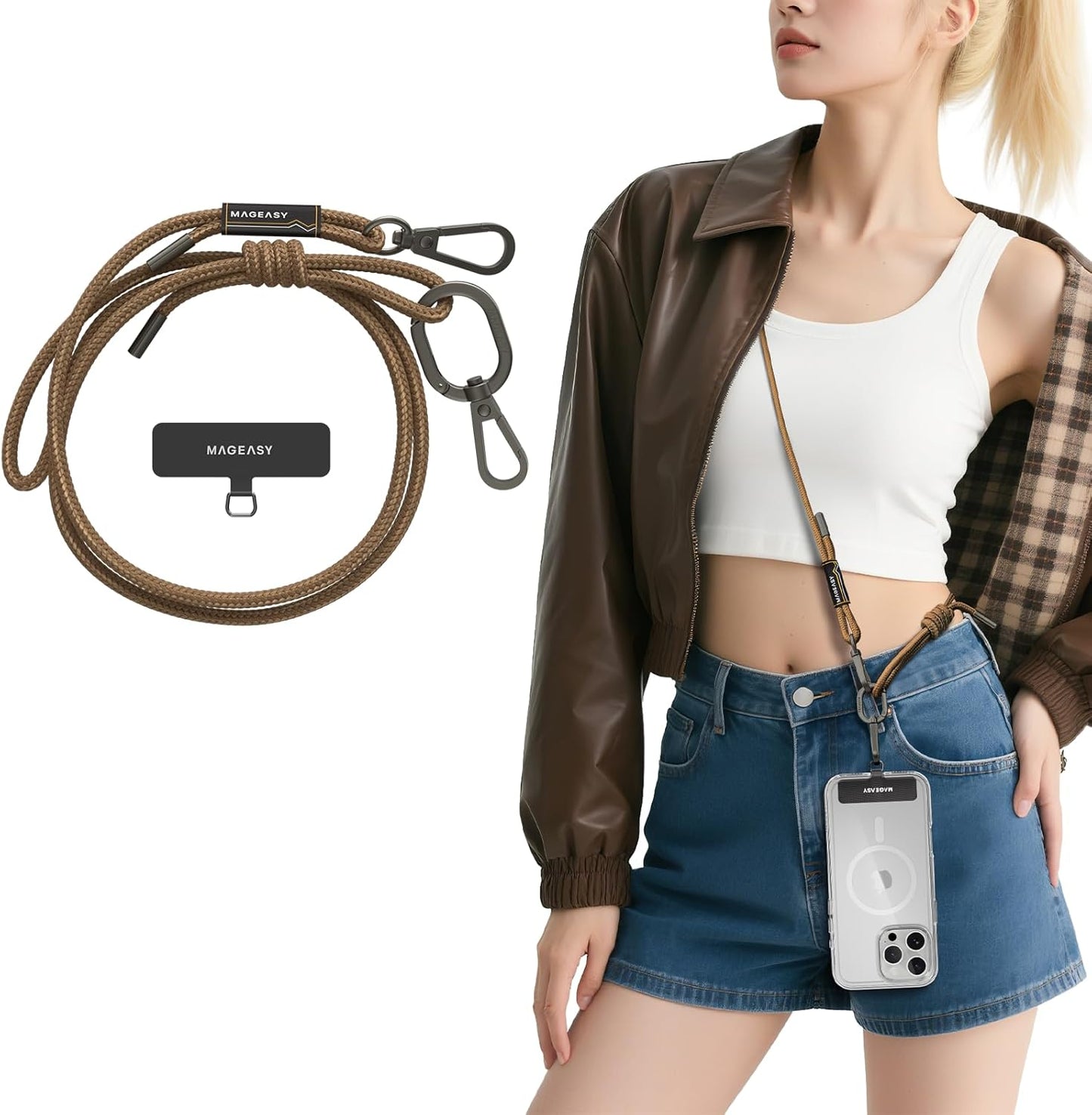 MAGEASY Universal Cell Phone Lanyard - Anti-Theft Rope Crossbody Phone Strap for iPhone 16 Pro Max & Most Smartphones, for Men & Women | 6mm Khaki