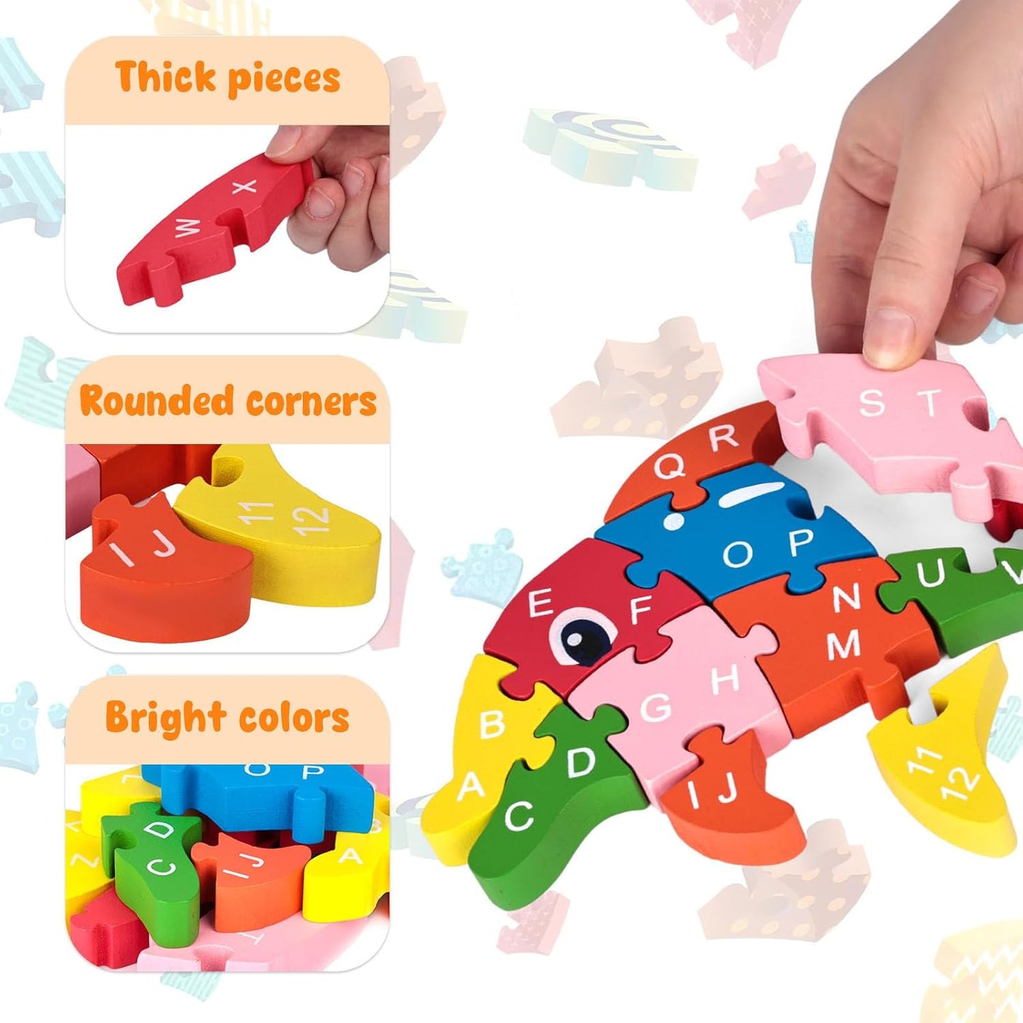 LovesTown Wooden Puzzle for Toddlers, Educational Alphabet and Number Jigsaw, Building Blocks for Preschool Learning, Dolphin Theme, 26 PCS