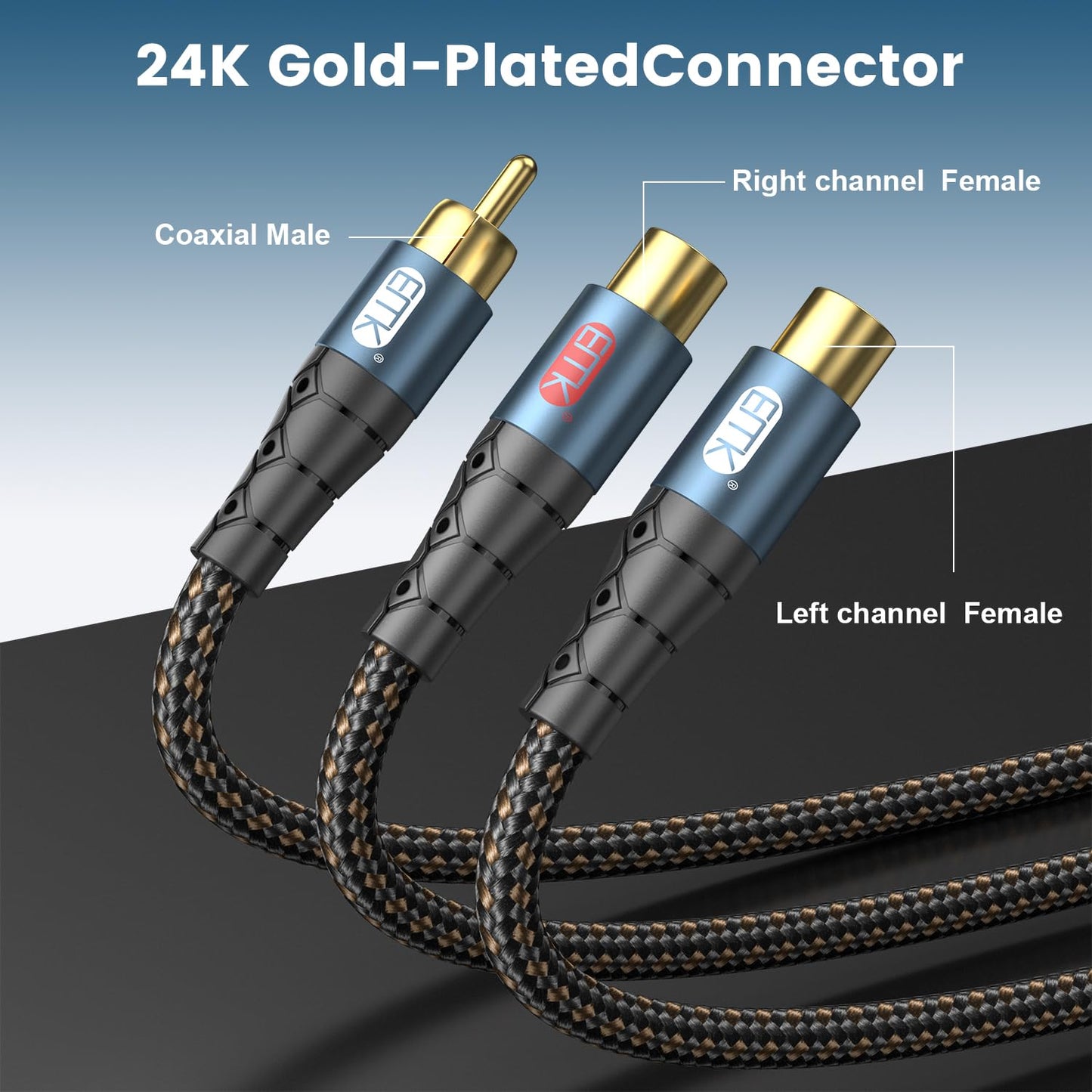 EMK RCA Splitter 1 Male to 2RCA Female Copper Shell Gold-Plated Y Adapter RCA Male to 2RCA Female Cable RCA Y Splitter Connectors Extension Cord 1ft/0.3m