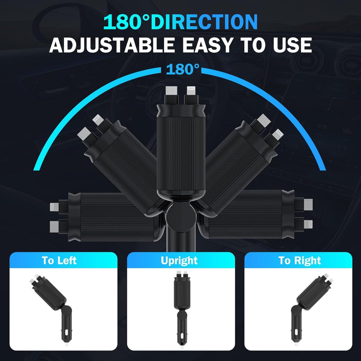 Car Charger with Starlight, 66W USB C Fast Car Charger Adapter, 4 in 1 Retractable Car Chargers with 2 USB Ports for iPhone 15/14/13/12/11 and for Android (Dark Black)