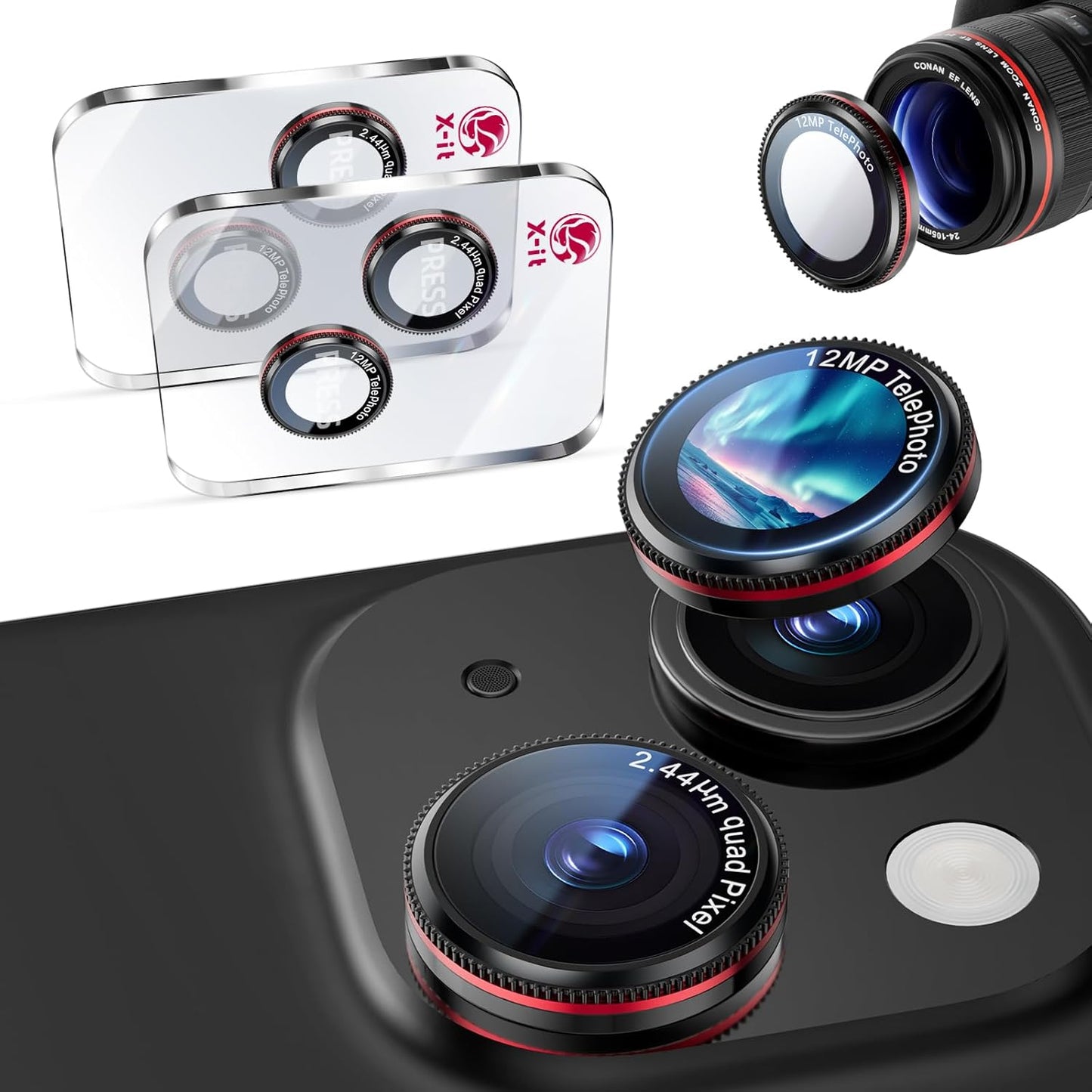X-it 2 Pack Camera Lens Protector, Shatterproof Anti-Scratch Ultra HD Mechanical Gear Camera Protector, Anti-Glare Tempered Glass Lens Protector for iPhone 15/15 Plus/14/14 Plus,Case Friendly,BlackRed