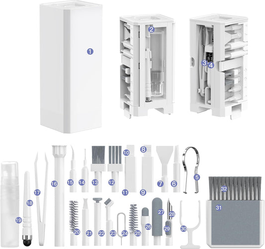 32-in-1 Multi-Functional Cleaning Kit for Electronics inlcuding Headphones,Mobile Phones,Computer,Monitor,Lens and etc, Compact and Portable Design, White