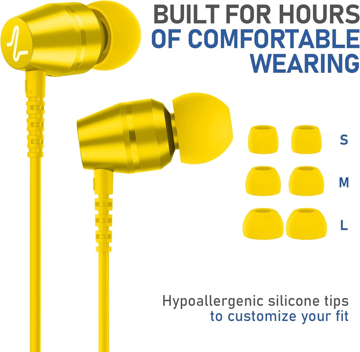 LUDOS OMNITONE Wired Earbuds in-Ear Headphones, 5 Years Warranty, Earphones with Microphone, 3.5 mm Jack Corded Ear Buds, Videoconference for iPhone, Samsung, Laptop, Kids, School Students - Yellow
