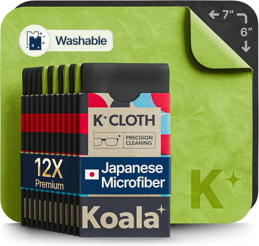 Koala Lens Cleaning Cloth | Japanese Microfiber | Glasses Cleaning Cloths | Eyeglass Lens Cleaner | Eyeglasses, Camera, VR/AR Headset, and Screen Cleaner | Black & Green (Pack of 12)