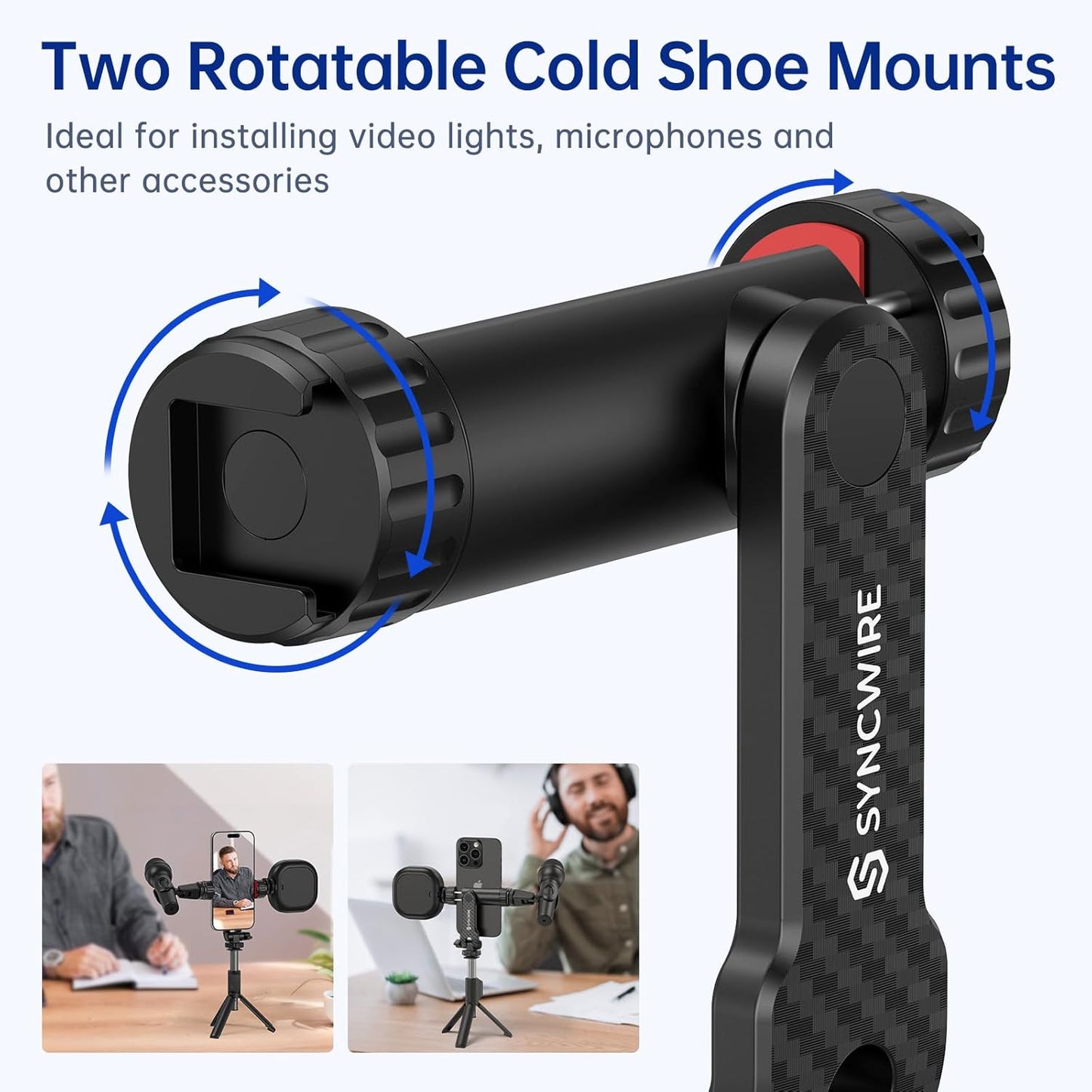 SYNCWIRE Tripod Phone Mount, Universal Smartphone Mount Adapter with 2 Cold Shoe and 1/4" Screw, 360° Rotates and 180° Tilts Adjustable Cell Phone Clamp Holder for Enhancing Mobile Photography Setup