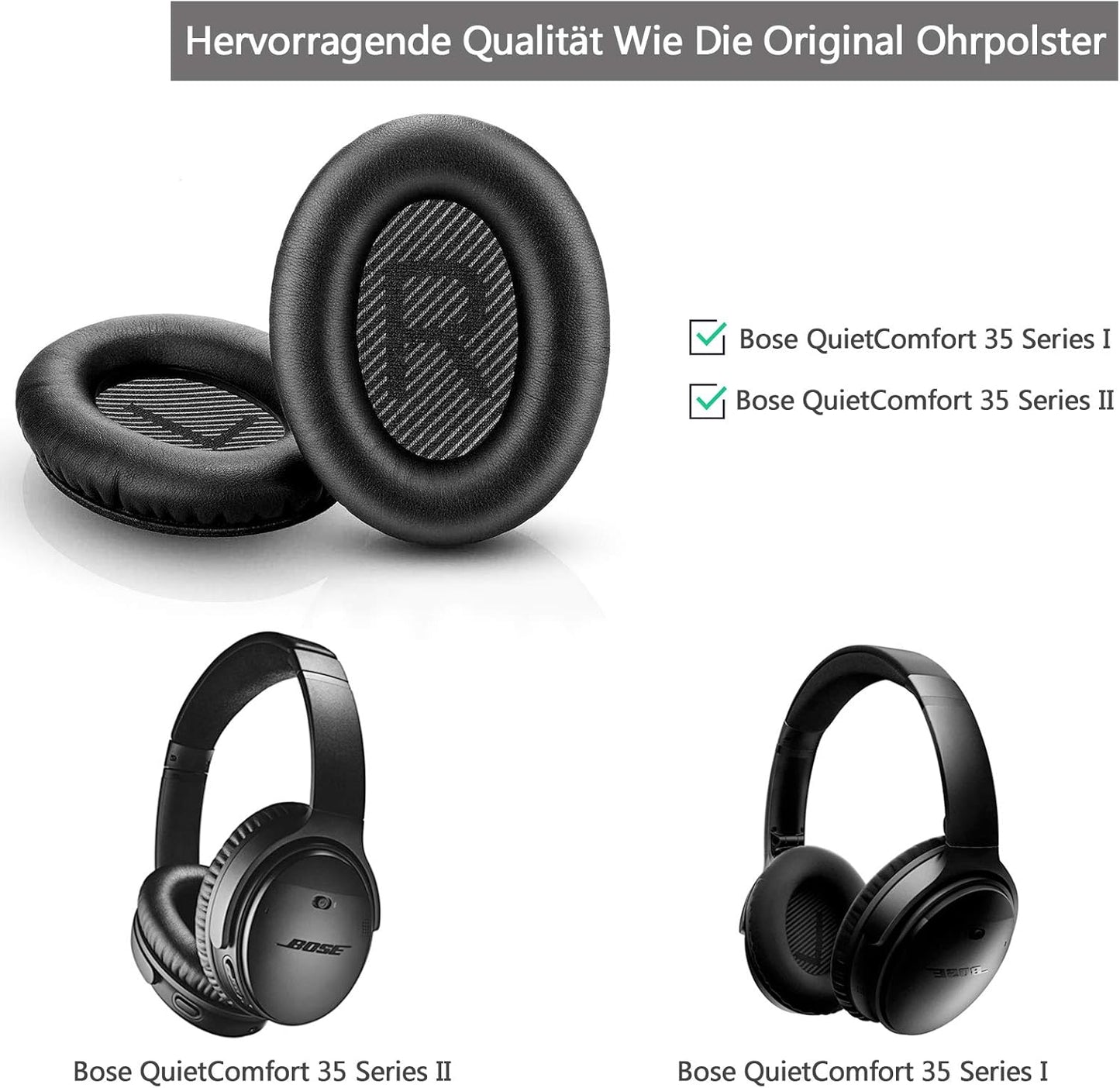 Replacement Earpads Cushions for Bose QuietComfort 35 (QC35) & Quiet Comfort 35 II (QC35 ii) Headphones, Ear Pads with Softer Leather, Noise Isolation Foam, Comfortable Thickness