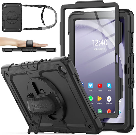 SEYMAC stock Case for Samsung Galaxy Tab A9+ Plus 11'', Full-Body Drop Protection Case with Screen Protector Pencil Holder [360° Rotating Hand Strap] &Stand, Black