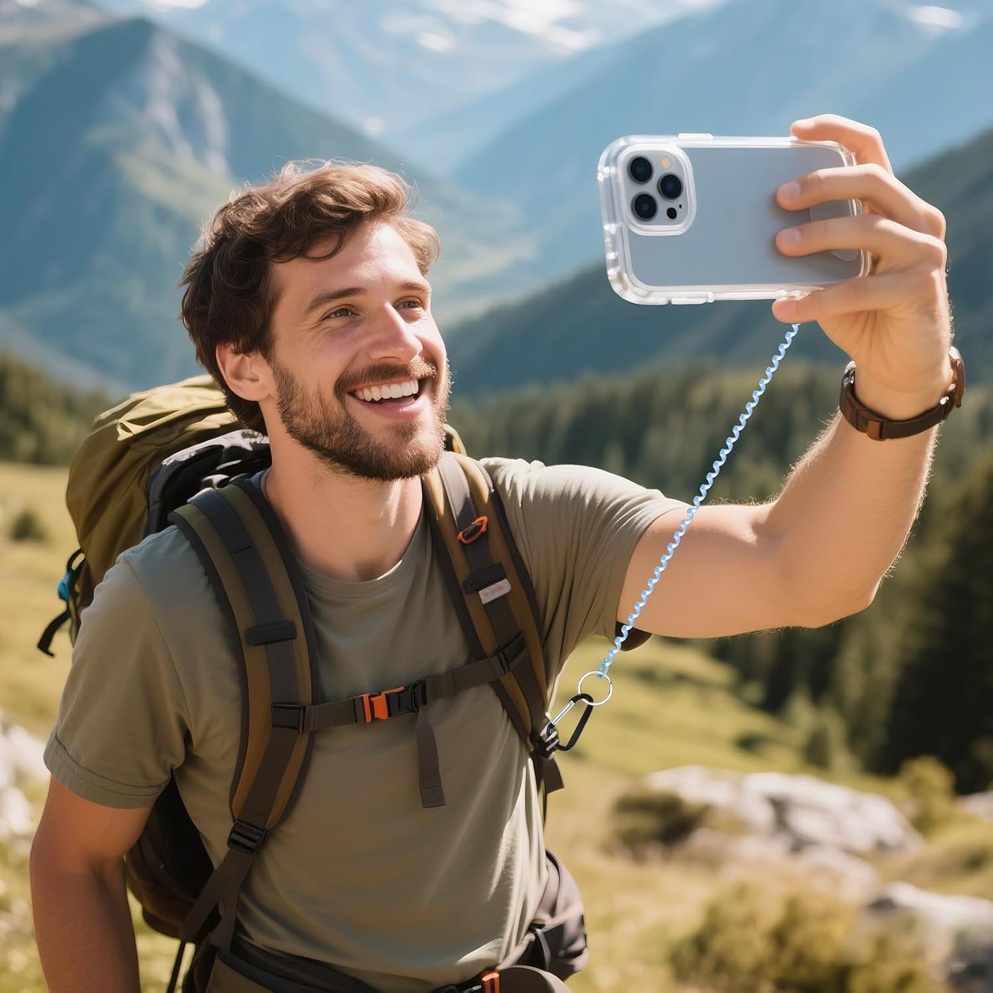 SHANSHUI Phone Tether, 2 Pcs Anti Theft Spring Phone Strap, 4 x Tether Pacthes & Carabiner Clips Universal Cellphone Lanyard for Keys Outdoor Skiing Hiking Fishing Fitting for All Smartphones