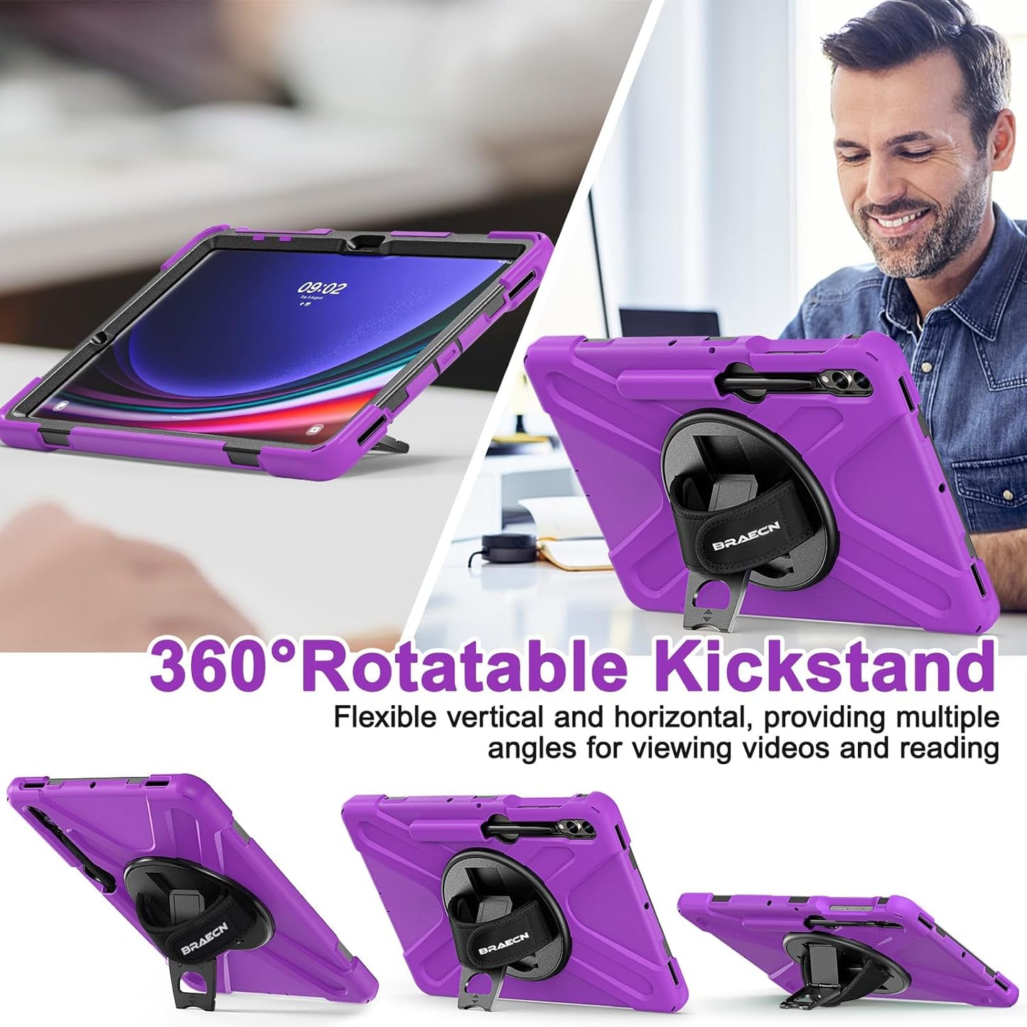 BRAECN for Galaxy Tab S10 Plus Case 2024&S9 FE Plus/S8 Plus/S7 Plus /S7 FE 12.4 Inch,Heavy Duty Shockproof Case with S Pen Holder&360 Rotating Hand Strap/Kickstand/Shoulder Strap for Tab S10+,Purple