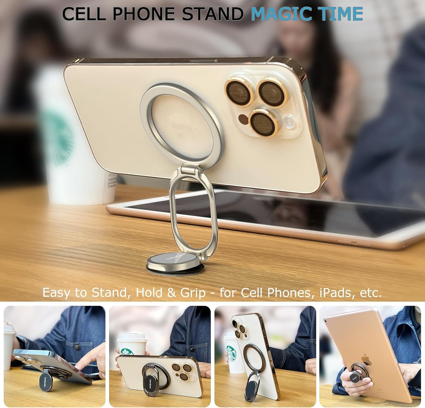 Magnetic Phone Grip Compatible with MagSafe Ring Holder, Metal Double Adjustable Gym Finger Ring Grip and Stand, Removable Phone Grip for iPhone, iPad and Smartphones (Natural Titanium)