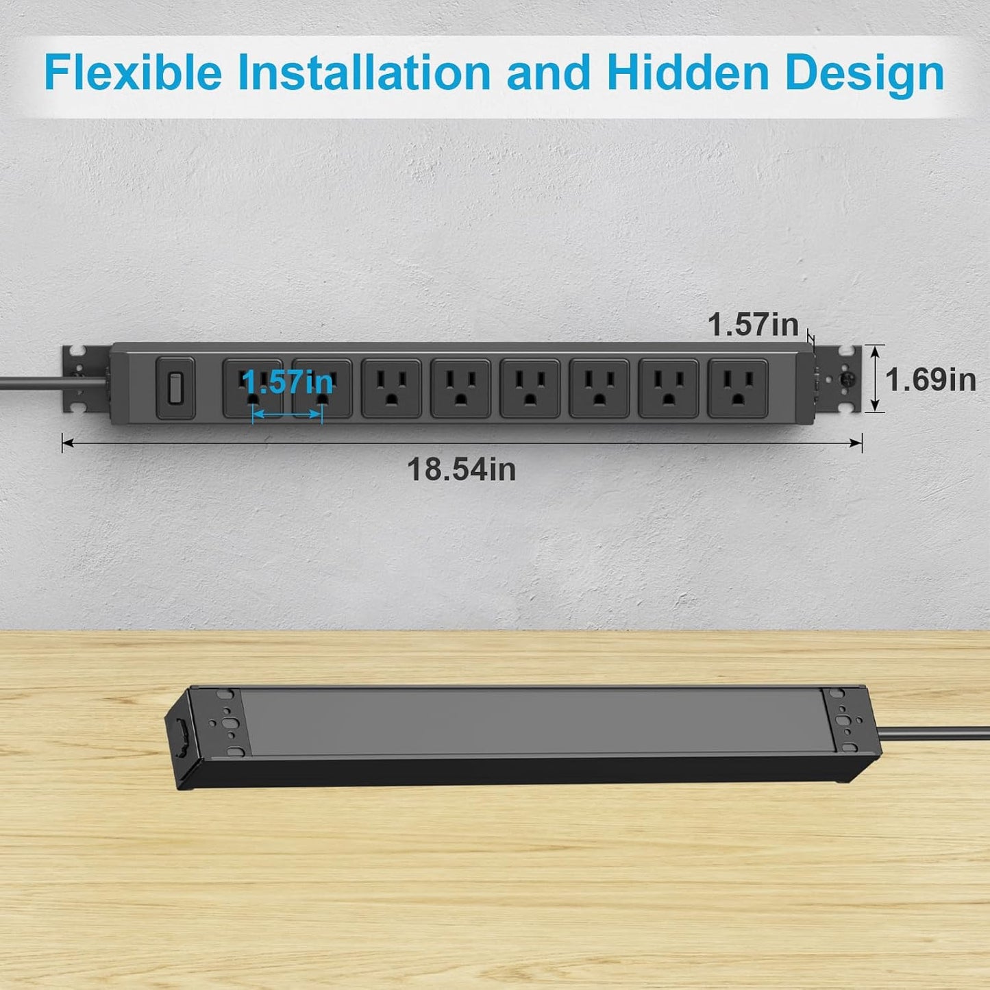 HHSOET Metal 360° Rotating Mountable Power Strip, 8 Outlet Gaming Table Mounted Outlet Strip, Heavy Duty Wall Mount Surge Protector with Switch, 15A 125V 1875W, 10ft Power Cord.(Black)