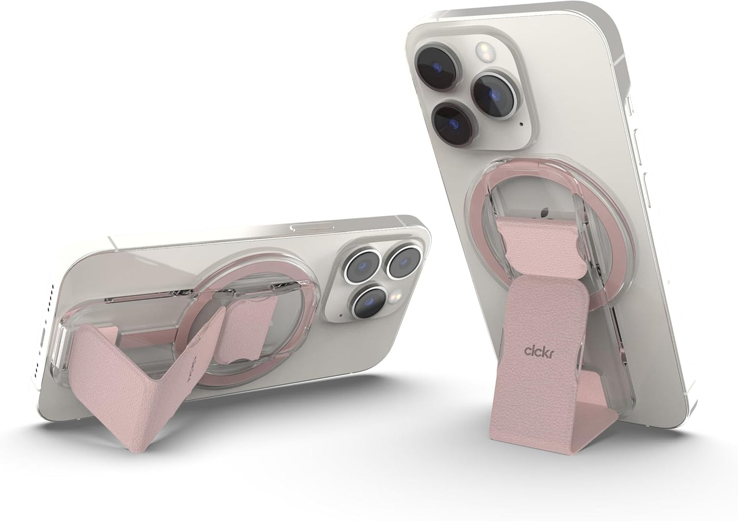 CLCKR Finger Phone Grip for MagSafe Stand, Phone Grip Loop Holder with Kickstand, Magnetic Phone Grip Holder, for iPhone 16/15/14/13/12 Pro Max Plus Series, Clear Pink