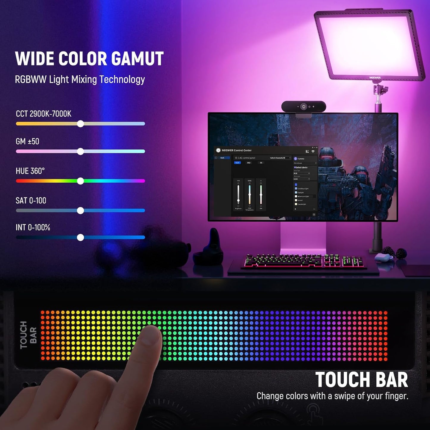 NEEWER GL1C RGB 15.5" Key Light, 48W Edge Lit Soft LED Video Panel Streaming Gaming Lighting with 2.4G PC/Mac iOS/Android APP/WiFi/Stream Deck Control, Touch Bar, 2900K-7000K, Music Sync, 18 Scenes