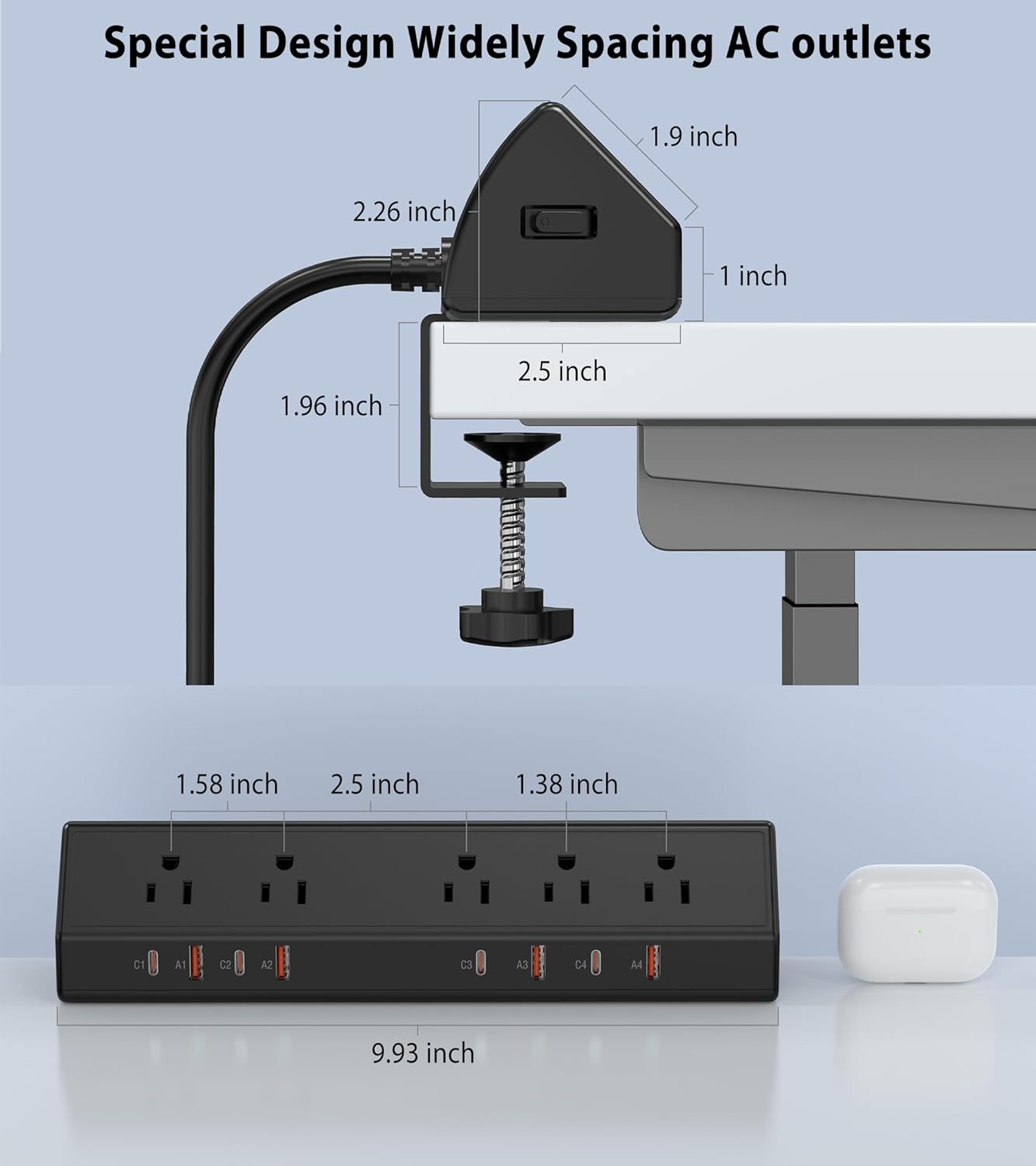 Desk Clamp Power Strip 65W Fast Charging Station,4 PD USB-C,5 Outlets,Nightstand Desk Edge Mount Tower Surge Protector,15 Amp Heavy Duty Power Strip,Fits 1.96" Tabletop Edge (Black, 10 FT Cable)