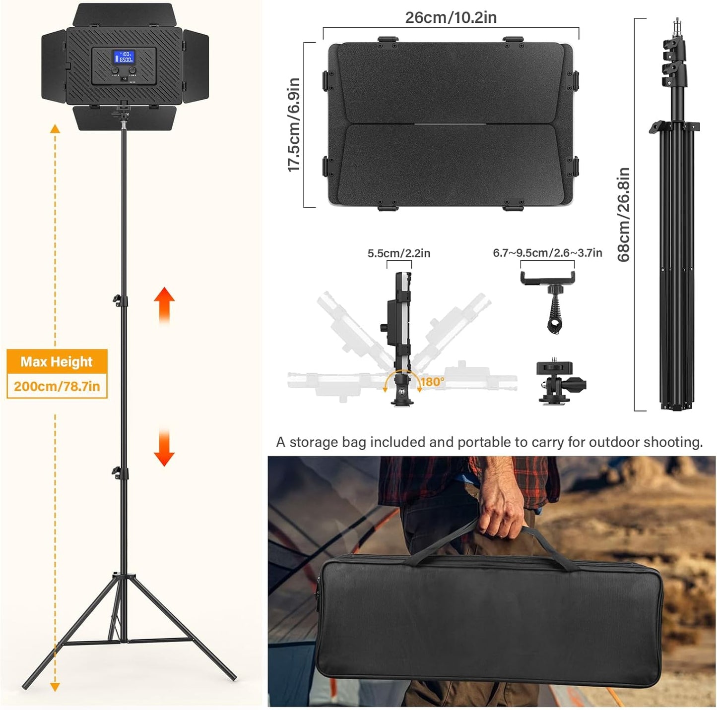 2 Pack Led Video Light Panel Light with Barndoor, 8000mAh Rechargeable Camera Light with 79'' Stand, Photo Studio Lighting kit for Video Recording Live Streaming Outdoor Indoor Photography