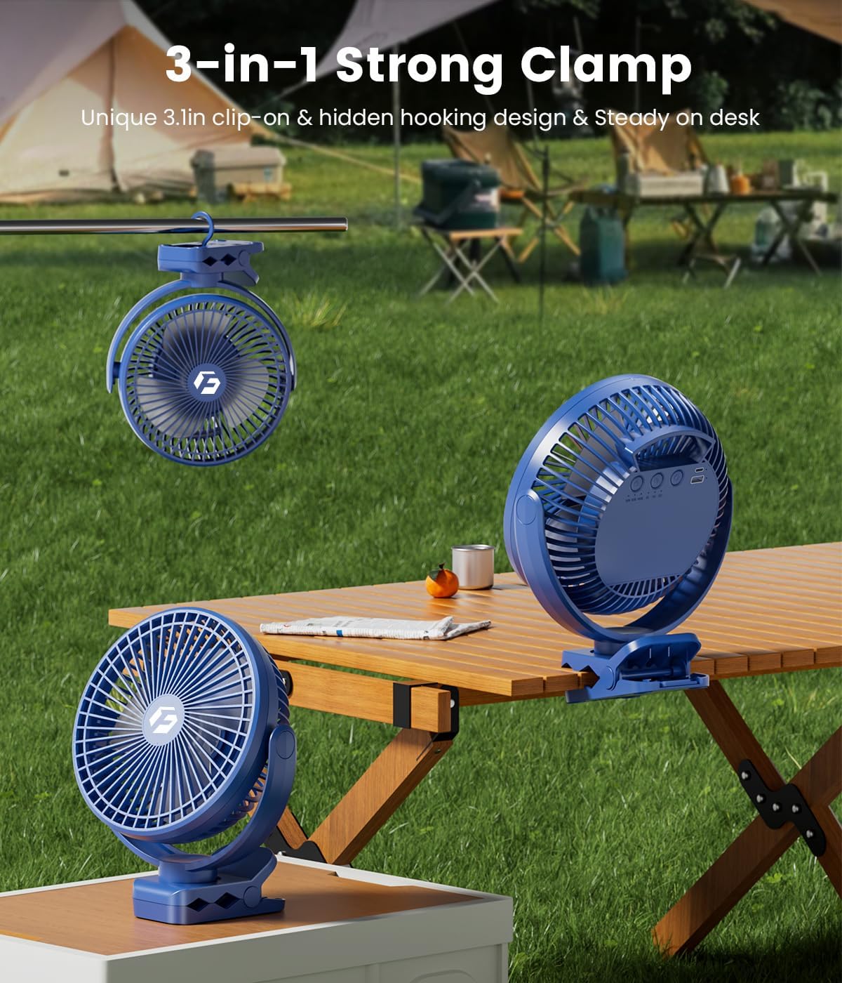 8-inch Clip-on Fan - 12000mAh Portable Rechargeable Battery, 3 Speeds, Strong Airflow, USB, Small Desk, Personal Quiet for Office, Stroller, Bedroom and Camping
