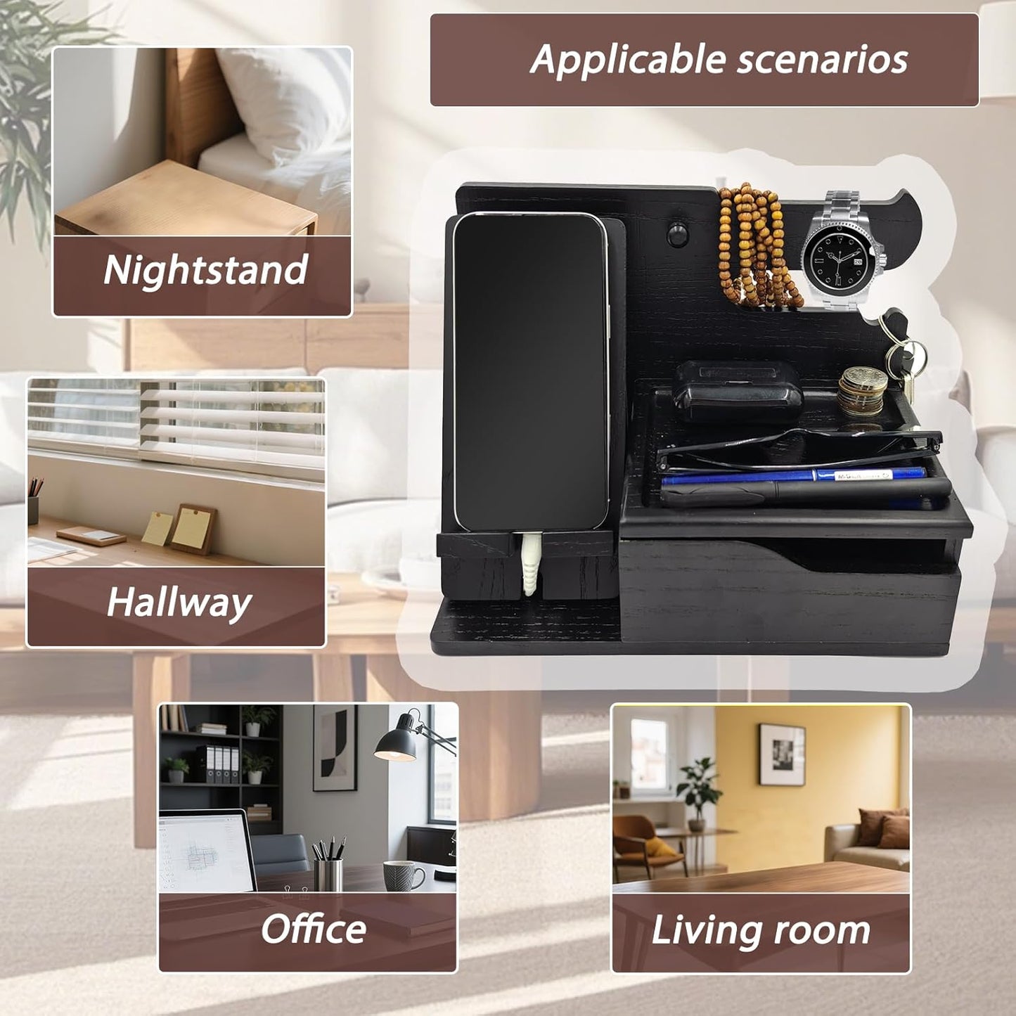 3-in-1 Wood Phone Docking Station Organizer with Drawer & Hidden Charging Hole for Phone, Keys, Glasses & Accessories, for Men (Black, 01)