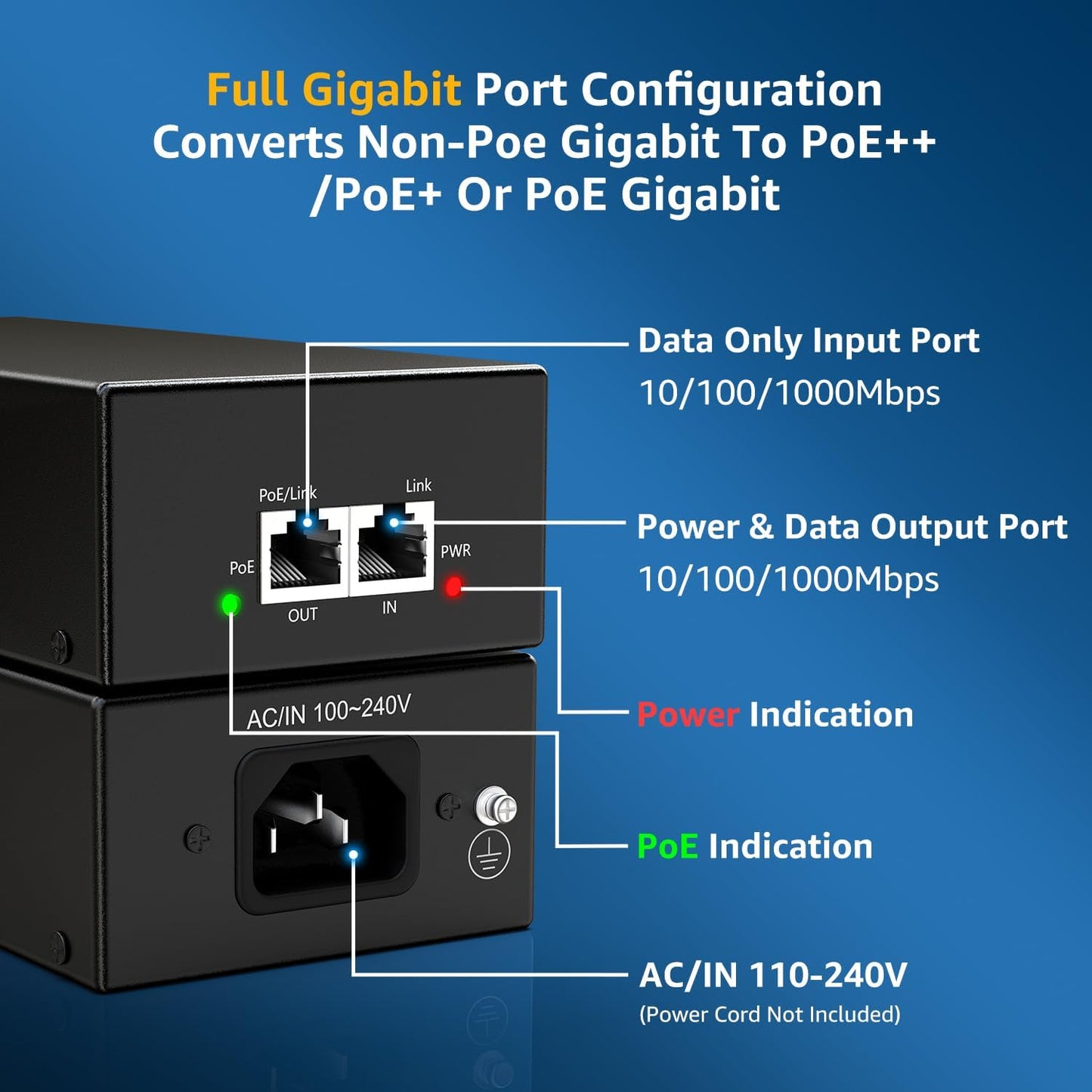YuanLey Gigabit PoE Injector 90W, 10/100/1000Mbps PoE++ Injector Adapter, IEEE 802.3bt/at/af, Up to 325 Feet, Metal Case Desktop/Wall-Mount, Plug & Play