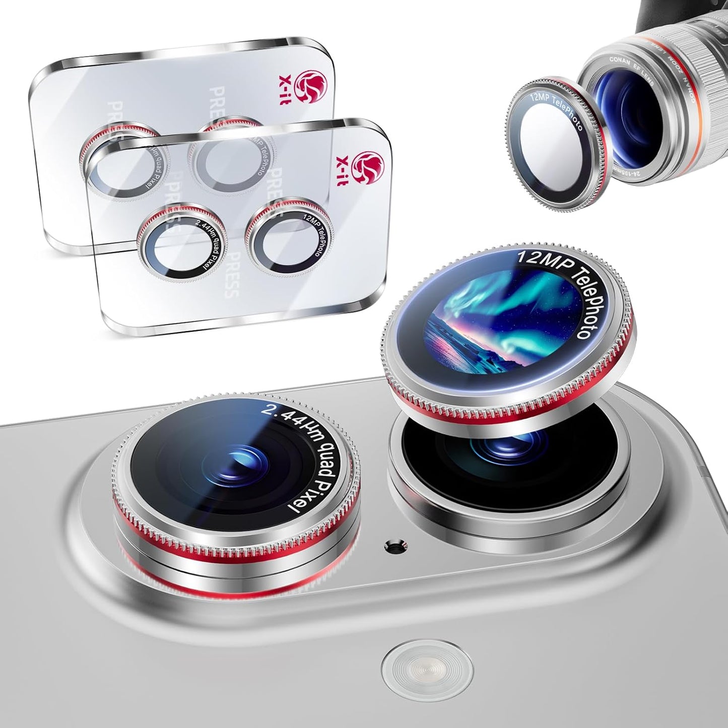 X-it 2 Pack Camera Lens Protector, Shatterproof Anti-Scratch Ultra HD Mechanical Gear Camera Protector, Anti-Glare 9H Tempered Glass Lens Protector for iPhone 16/iPhone 16 Plus,Case Friendly,SilverRed