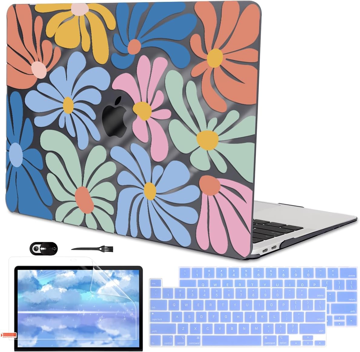 for MacBook Pro 13 inch Case 2022 2021-2016 Release A2338 M2/M1 A2251 A2289 A2159 A1989 A1706 Touch Bar, Pattern Plastic Hard Shell & Keyboard Cover & Screen Film, Colorful Flowers Black
