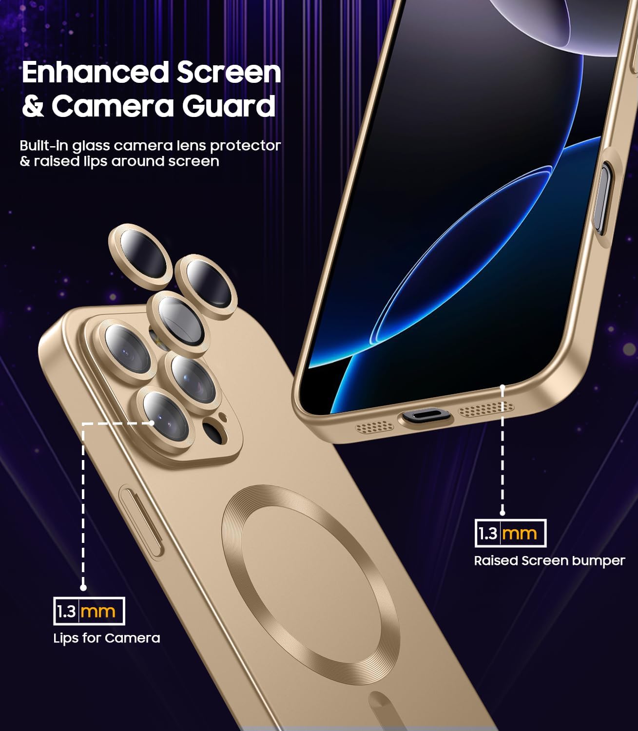 Magnetic for iPhone 16 Pro Max Case [Compatible with MagSafe][Built-in Camera Lens Protector] Slim Soft Silicone Bumper Shockproof Metallic Luster Phone Case (Gold)