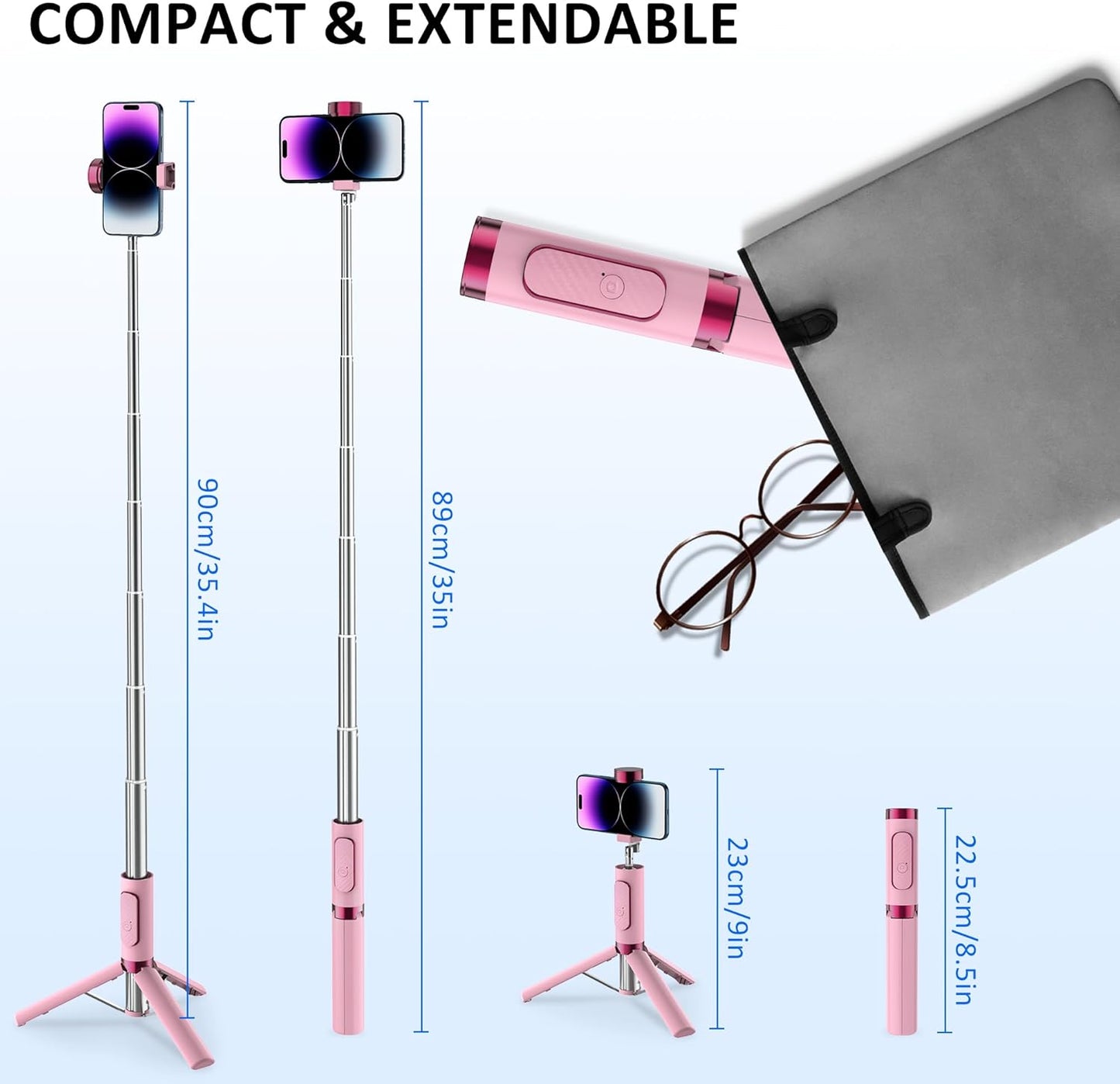 Selfie Stick Tripod, Foldable Cellphone Tripod with Remote for Group Selfies/Live Streaming/Video Recording, for iPhone Series Android, Pink