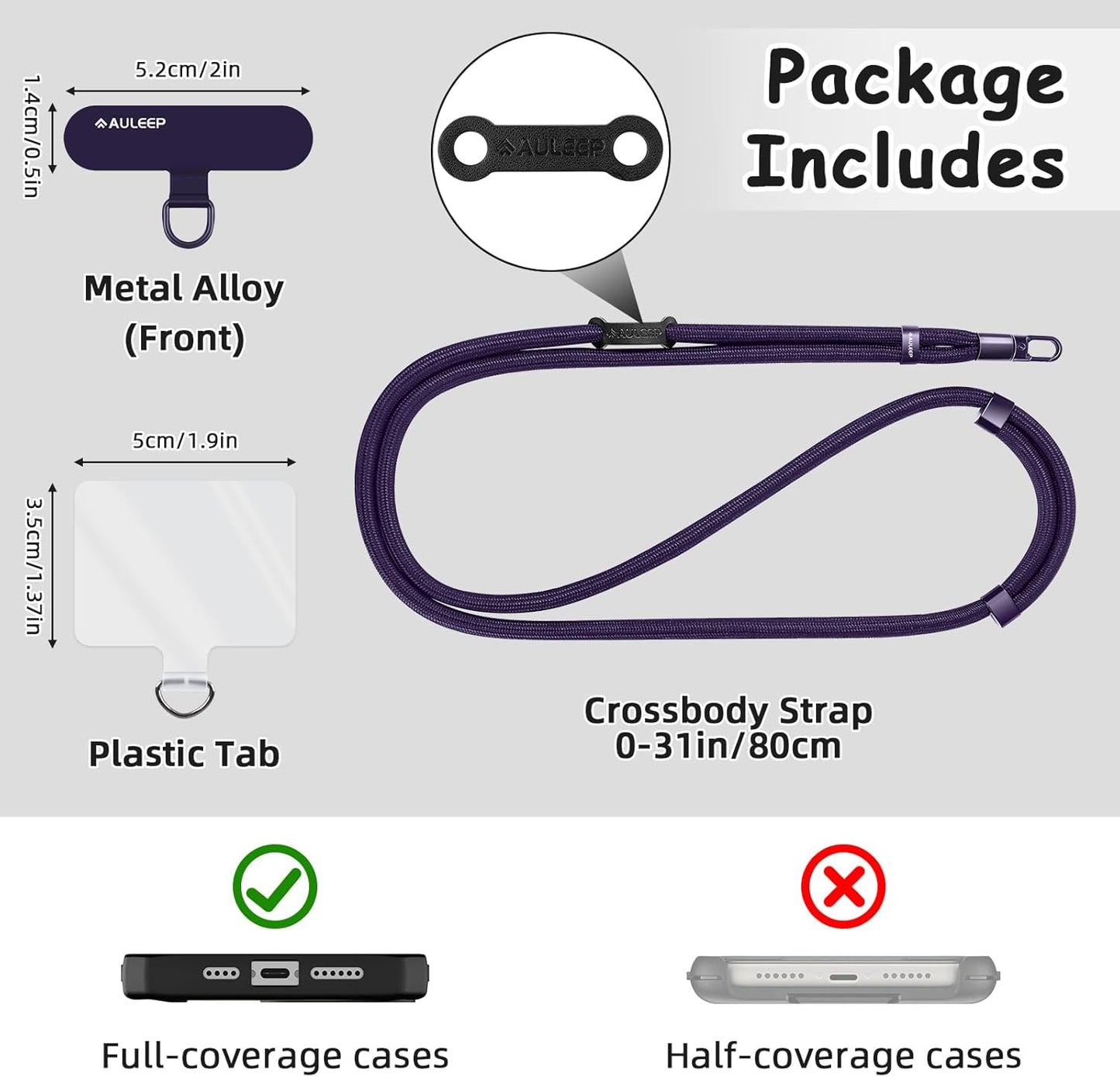 AULEEP Universal Phone Lanyard Corssbody, Anti-theft Phone Strap for Women and Men, Adjustable Cell Phone Neck Lanyard for all iPhone and Smartphone, with 2 Phone Tethers (Metal & Plastic), Purple