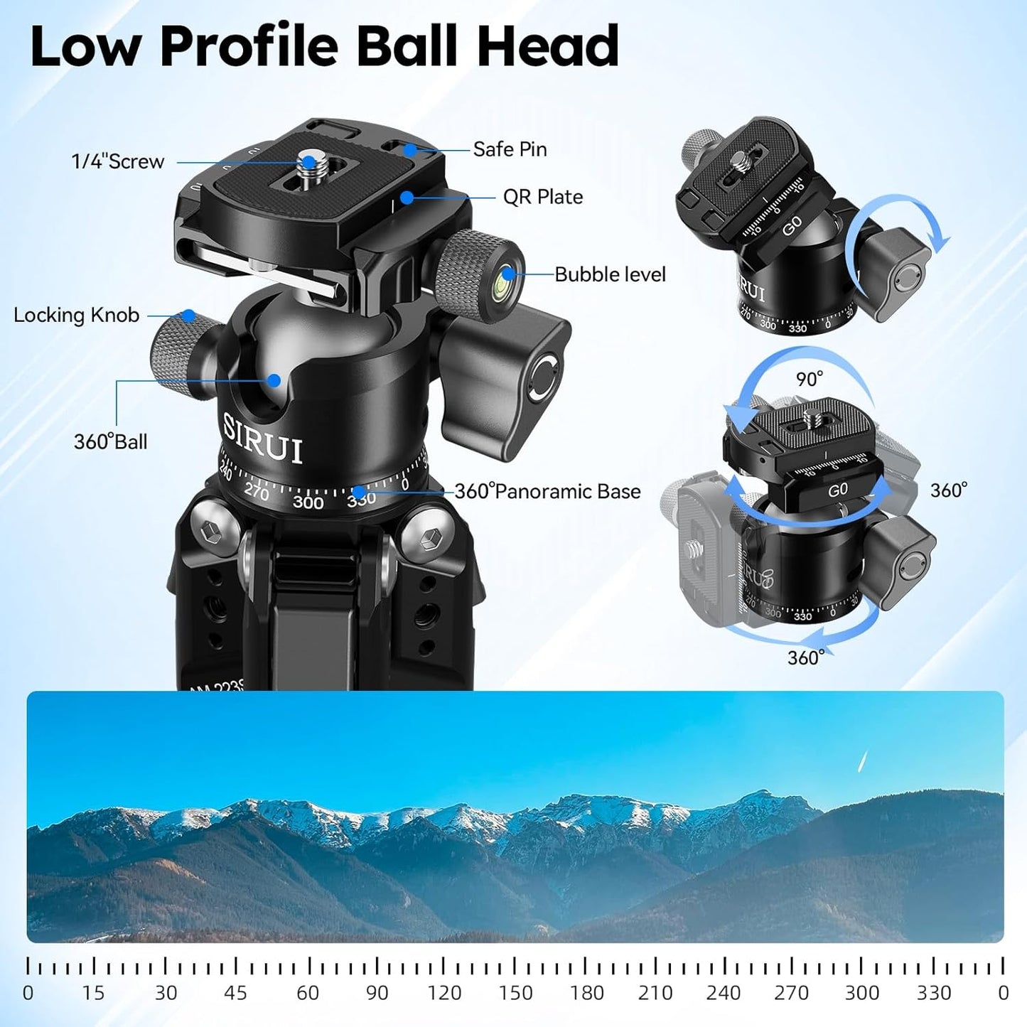 SIRUI AM-223S+G0 Carbon Fiber Desktop Tripod – Ultra-Light 1.7lbs, Max Height 16.7", 360° Panoramic Ball Head, Heavy-Duty Support to 33.07lb for DSLR & Mirrorless Cameras