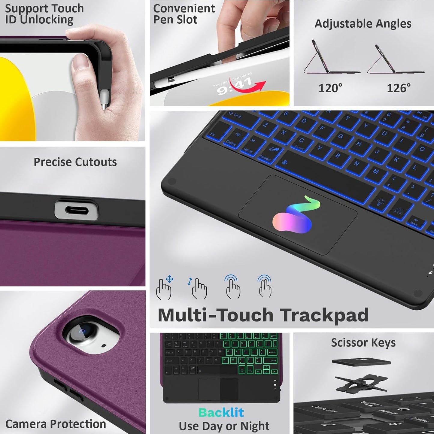 MoKo Touch Keyboard Case for iPad (A16) 11th Generation 11 inch 2025, iPad 10th Generation 10.9 inch Case with Pencil Holder, 7 Colors Backlit Multi-TrackPad Detachable Bluetooth Keyboard, Dark Purple