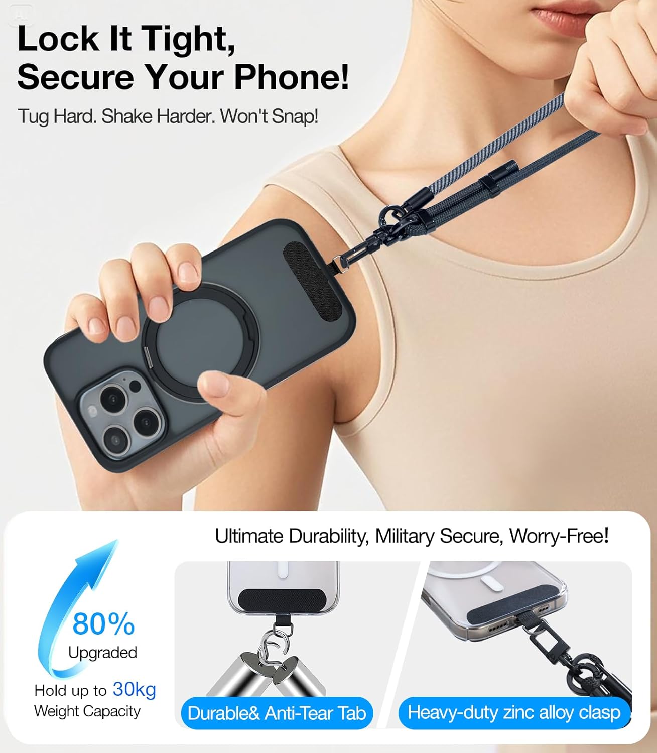 Phone Lanyard Crossbody, 3-in-1 Neck Strap& Wrist Strap, Adjustable Anti-Theft Lanyard with 2 Phone Tether Tabs, Universal Cell Phone Strap for iPhone& Android Case, Travel Essential, Black