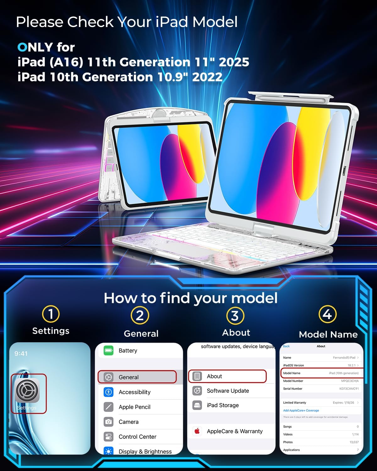 SIBEITU Keyboard Case for iPad A16 11th Gen 11" 2025 & 10th Gen 10.9" 2022, Clear Wireless Keyboard Protective Cover with Multi-Touch Trackpad, 7-Color Backlight & 3-Brightness, 360 Rotatable, White