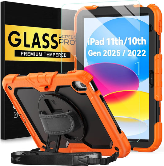 BLOSOMEET Case for iPad A16 11th/10th Generation 11''/10.9'' 2025/2022 with Tempered Glass Screen Protector & Pencil Holder, Rugged Military Grade Cover w/Stand Hand Shoulder Strap, Orange