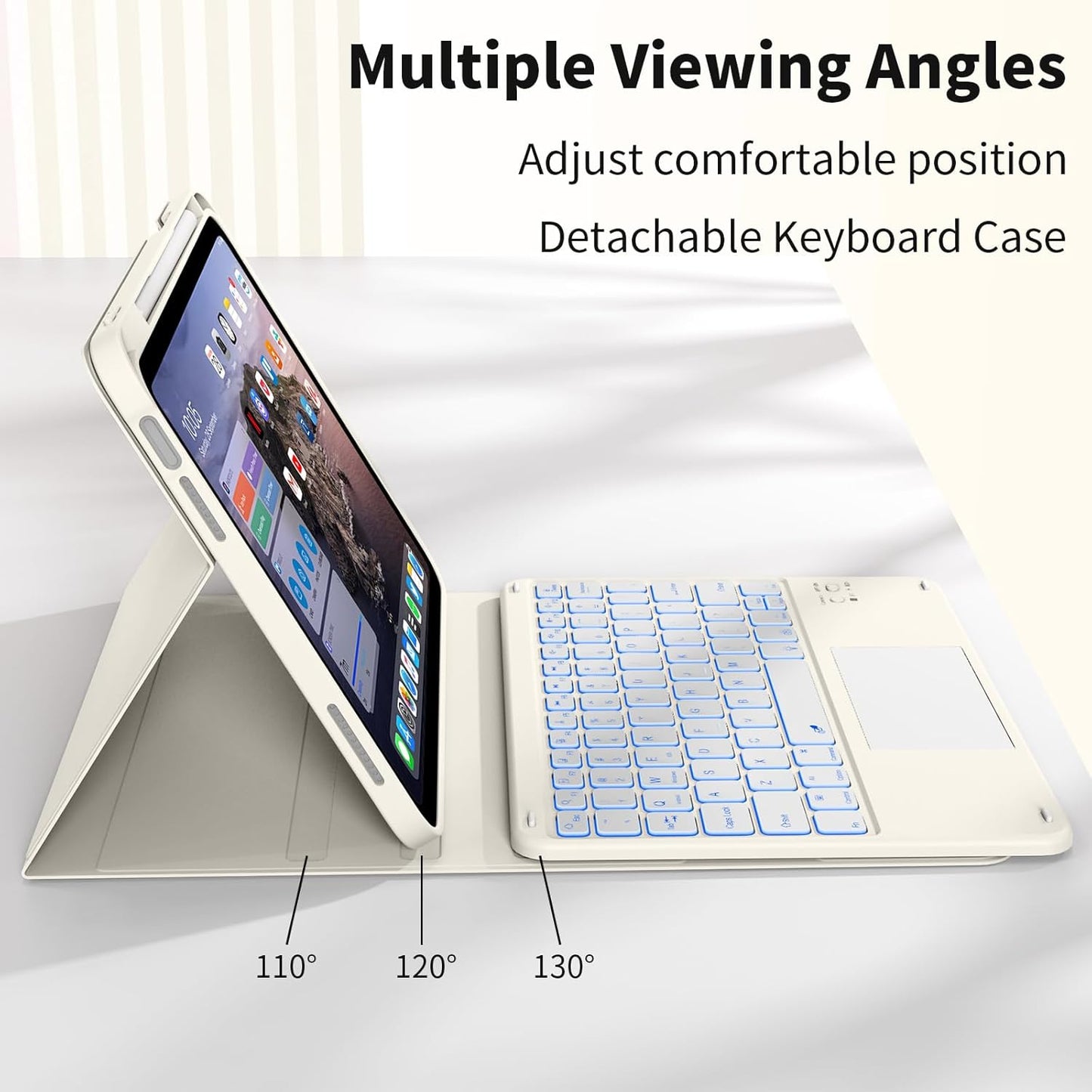 JKSML for iPad(A16) 11th/10th Generation Case with Keyboard (11/10.9 inch) 2025/2022, 7 Color Backlight Detachable Bluetooth Cover with Trackpad, Flip Stand Case Thin with Pencil Holder, Cream White