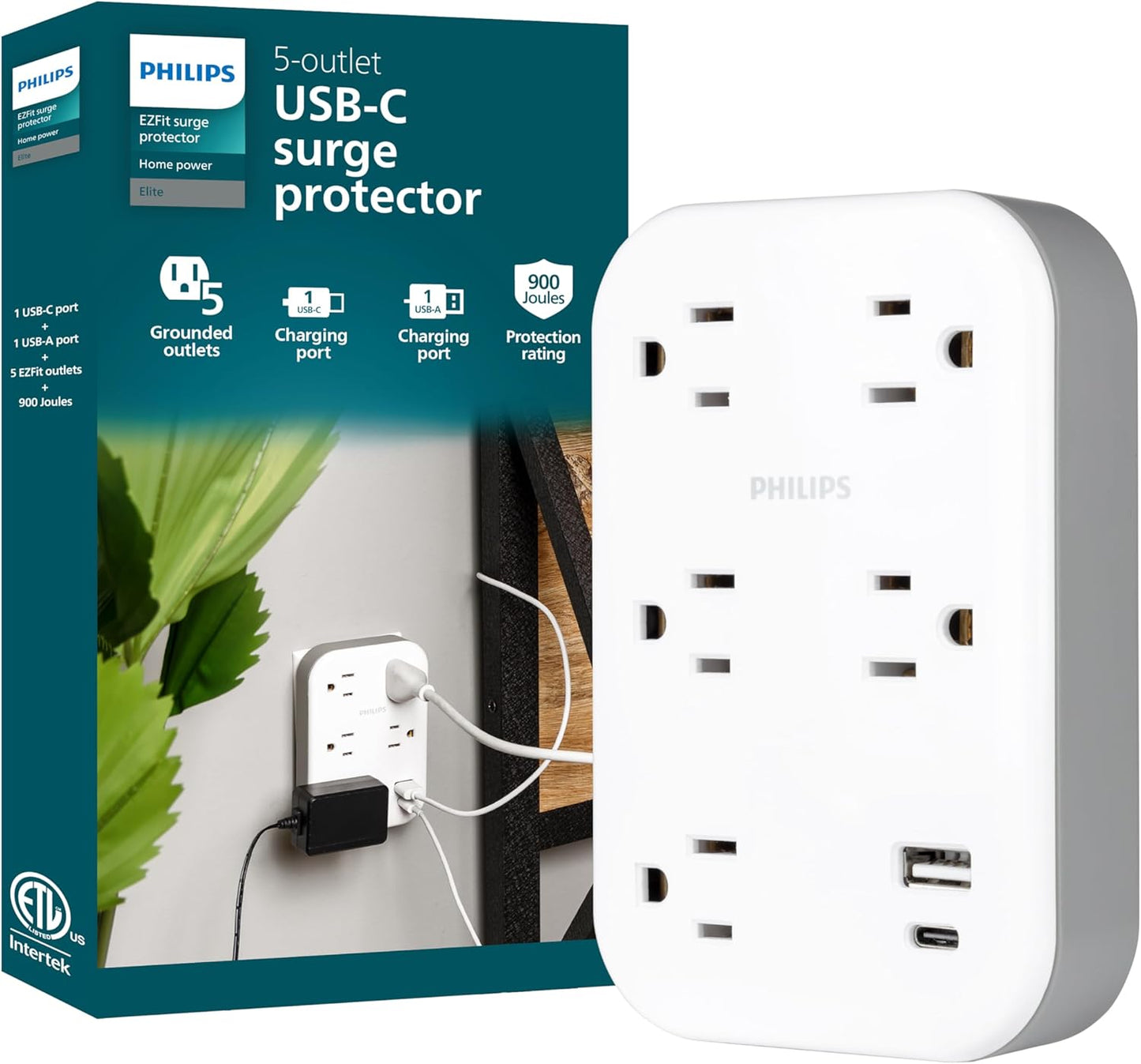 Philips EZFit 5-Outlet Extender Wall Tap with Surge Protection, Grounded Adapter, Charging Station, 3 Prong, 1 USB-A, 1 USB-C, 900J, White, SPP3513W/37
