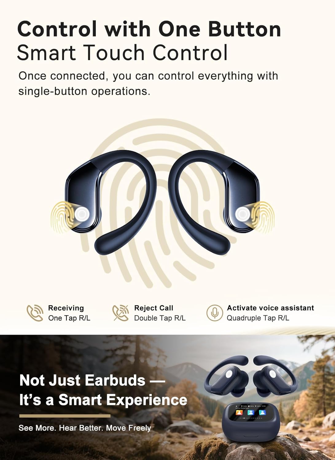 Wireless Earbuds, ANC Noise Cancelling Sport Ear Buds with Multifunctional Touch Screen, Bluetooth 5.4 Headphones, Bass Stereo Sound, 5 EQ Over The Ear Earbuds for Sports/Workout/Gym-Dark Blue