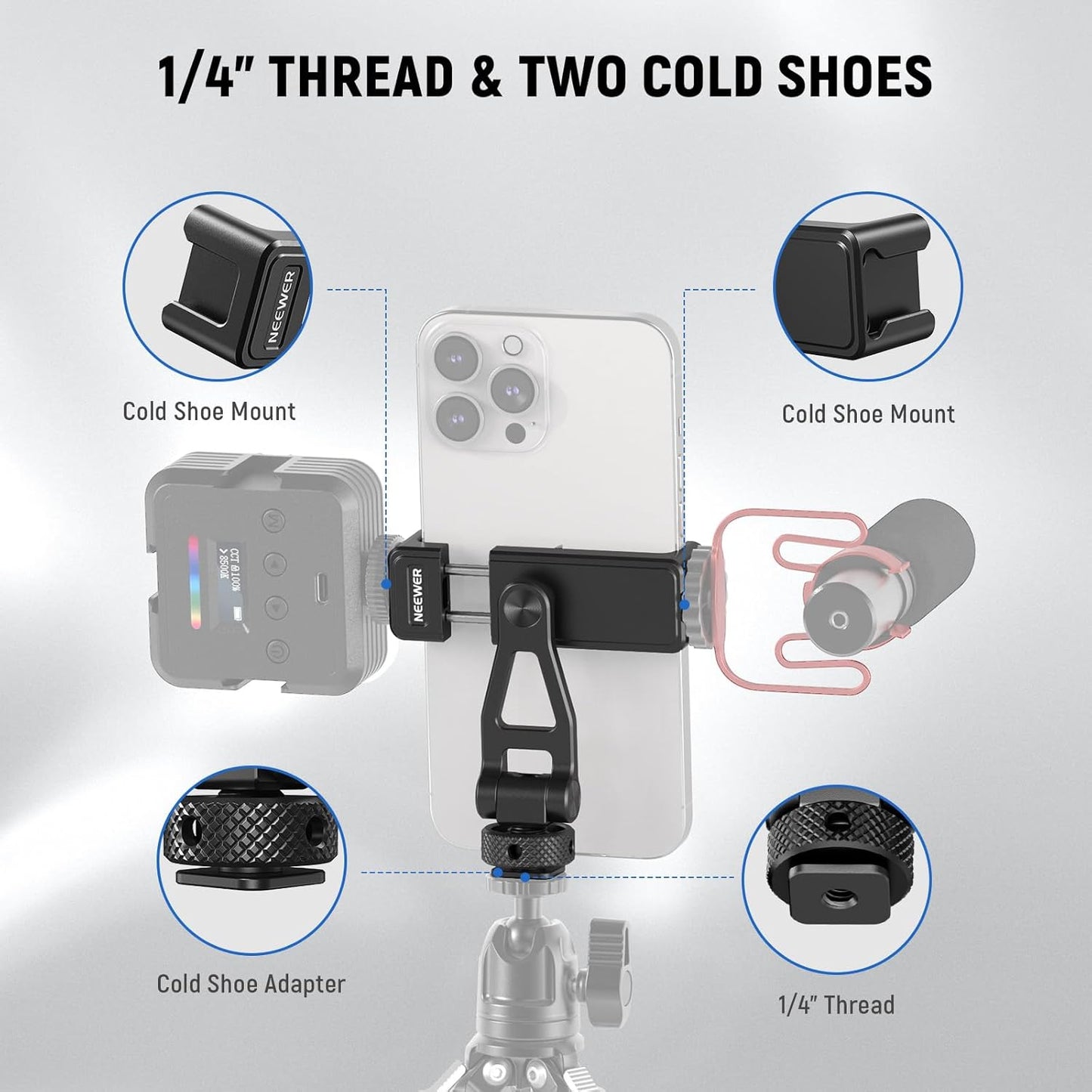NEEWER Adjustable Phone Tripod Mount with Cold Shoe 1/4" Thread 180° Tilt 360° Rotation Cleaning Cloth Phone Clamp Holder Compatible with iPhone Samsung Android Camera Cage for Video Recording, GA010