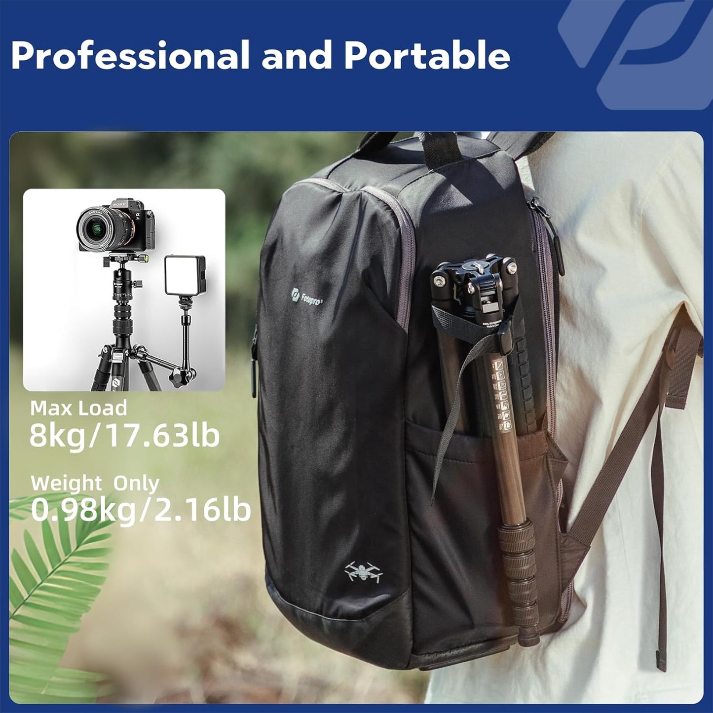 Fotopro 59" Carbon Fiber Travel Tripod, Lightweight Compact Camera Tripod with Ball Head Quick Release Plate, Compact Detachable Monopod with Carry Bag, Load up to 8KG/17.63lbs
