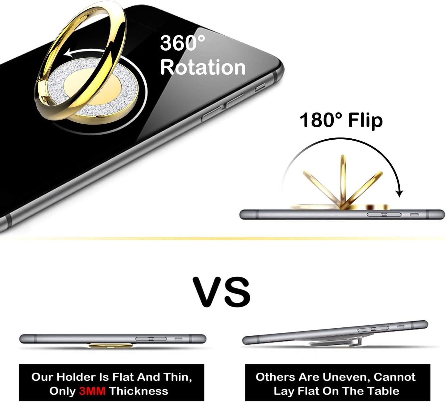 Cell Phone Ring Holder Stand, Cell Phone Grip Holder, Adhesive Phone Grip for Phones and Cases. (Glitter Gold)