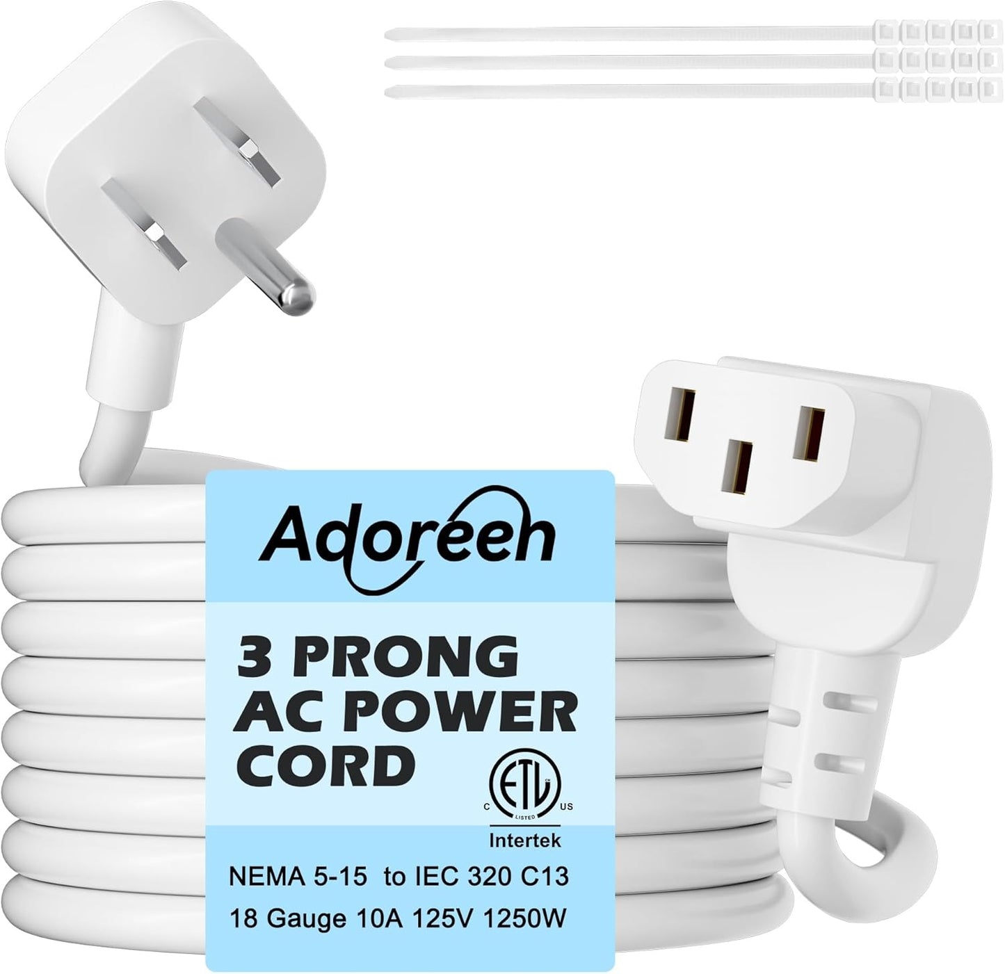 Adoreen 10 Ft Computer TV Replacement Power Cord White, Low Profile Flat Plug to 90 Degree Angled L-Shaped 18AWG 3-Prong AC Universal Power Supply Cable for Printer, PC, Monitor TV LCD, ETL+Ties