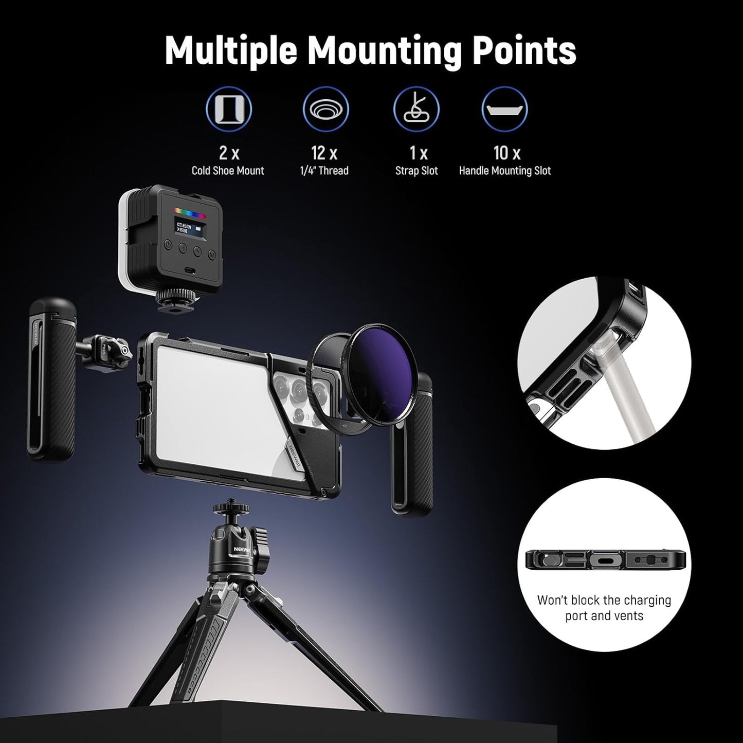 NEEWER PA082 S25 Ultra Phone Cage Holder for Recording Filming with 2X Handle, 67mm Filter Adapter, 17mm Lens Backplate, T Mount Adapter, Video Rig Stabilizer Compatible with Samsung Galaxy S25 Ultra