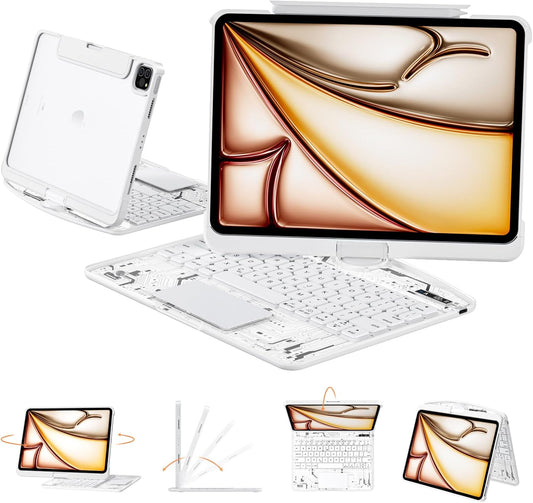 Transparent Case with Keyboard for iPad 9th (7th, 8th, and 9th Gen) 10.2 Inch,with 7-Color Backlit Wireless Keyboard,360°Rotatable Protective Case Multi-Touch Trackpad,with Pencil Holder,White