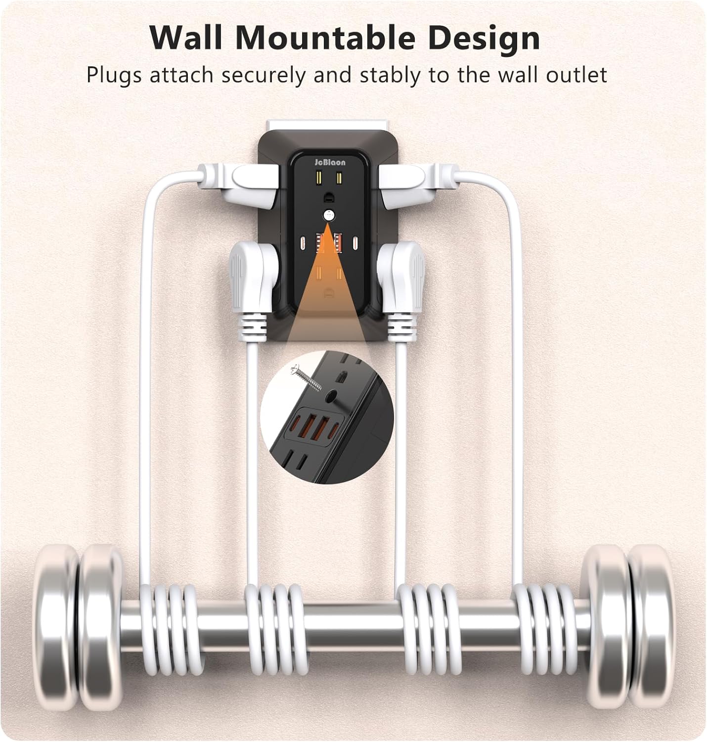 USB Wall Charger Power Strip Surge Protector with 4 USB Ports (2 USB C) Plug Extension Multiple Outlets Plug Extension Multi Outlet Plug in Adapter Spaced Outlets for Home Office Travel,White (Black)